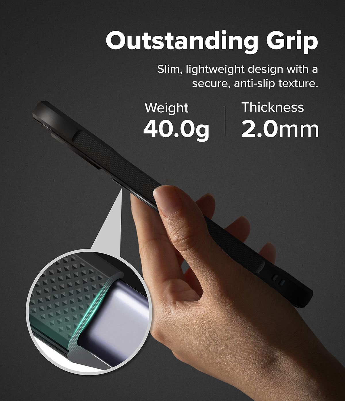 Google Pixel 11 Case | Onyx Ring - A hand holding a slim black smartphone case against a dark gray background, with marketing text reading 'Outstanding Grip' and feature callouts for weight 40.0g and thickness 2.