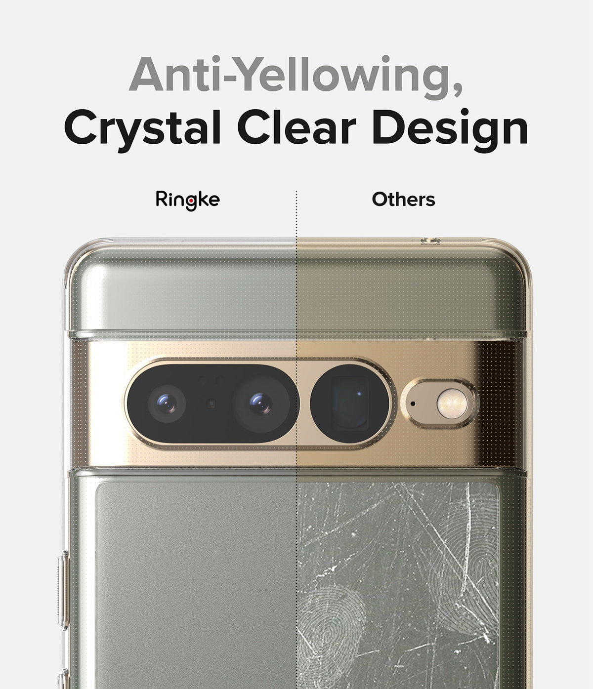 Google Pixel 7 Pro Case | Fusion Matte - Comparison showing a clear Ringke case versus a yellowed, scratched case.