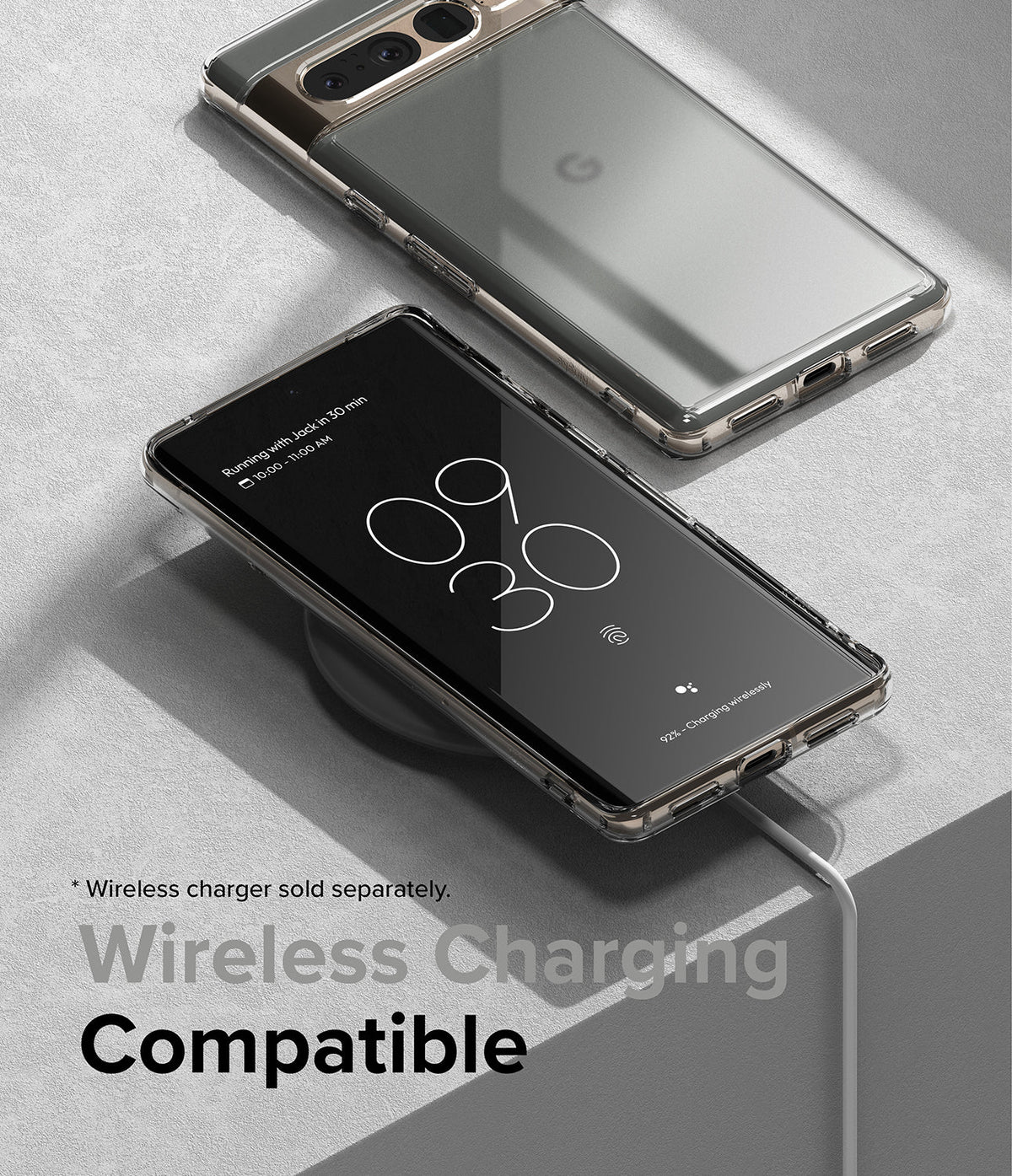 Google Pixel 7 Pro Case | Fusion Matte - Two Pixel 7 Pro phones in clear cases, one charging wirelessly on a pad.