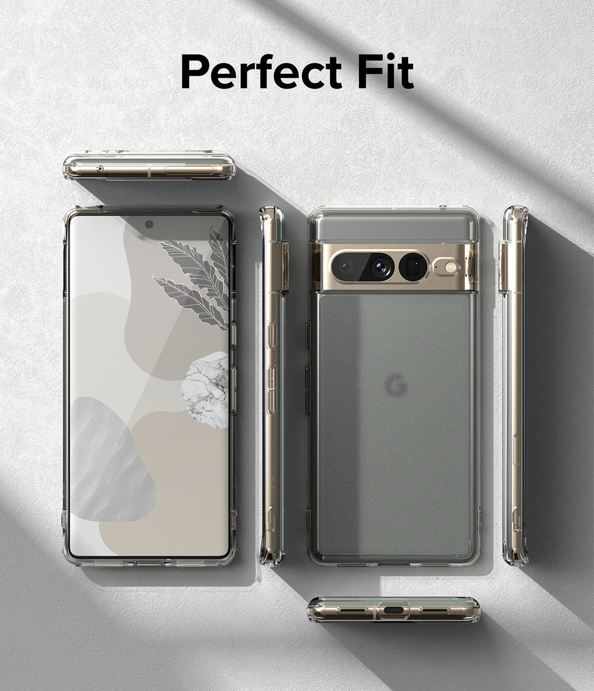 Google Pixel 7 Pro Case | Fusion Matte - Multiple views of a clear phone case on a gold Google Pixel 7 Pro.