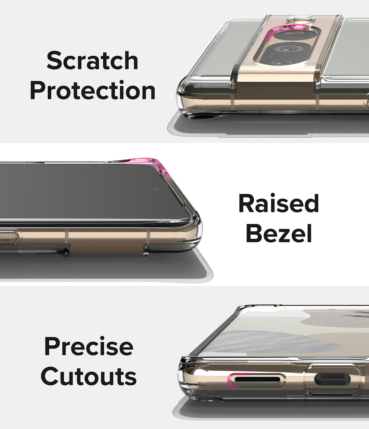 Google Pixel 7 Pro Case | Fusion Matte - Close-ups showing camera protection, raised screen bezels, and port cutouts.