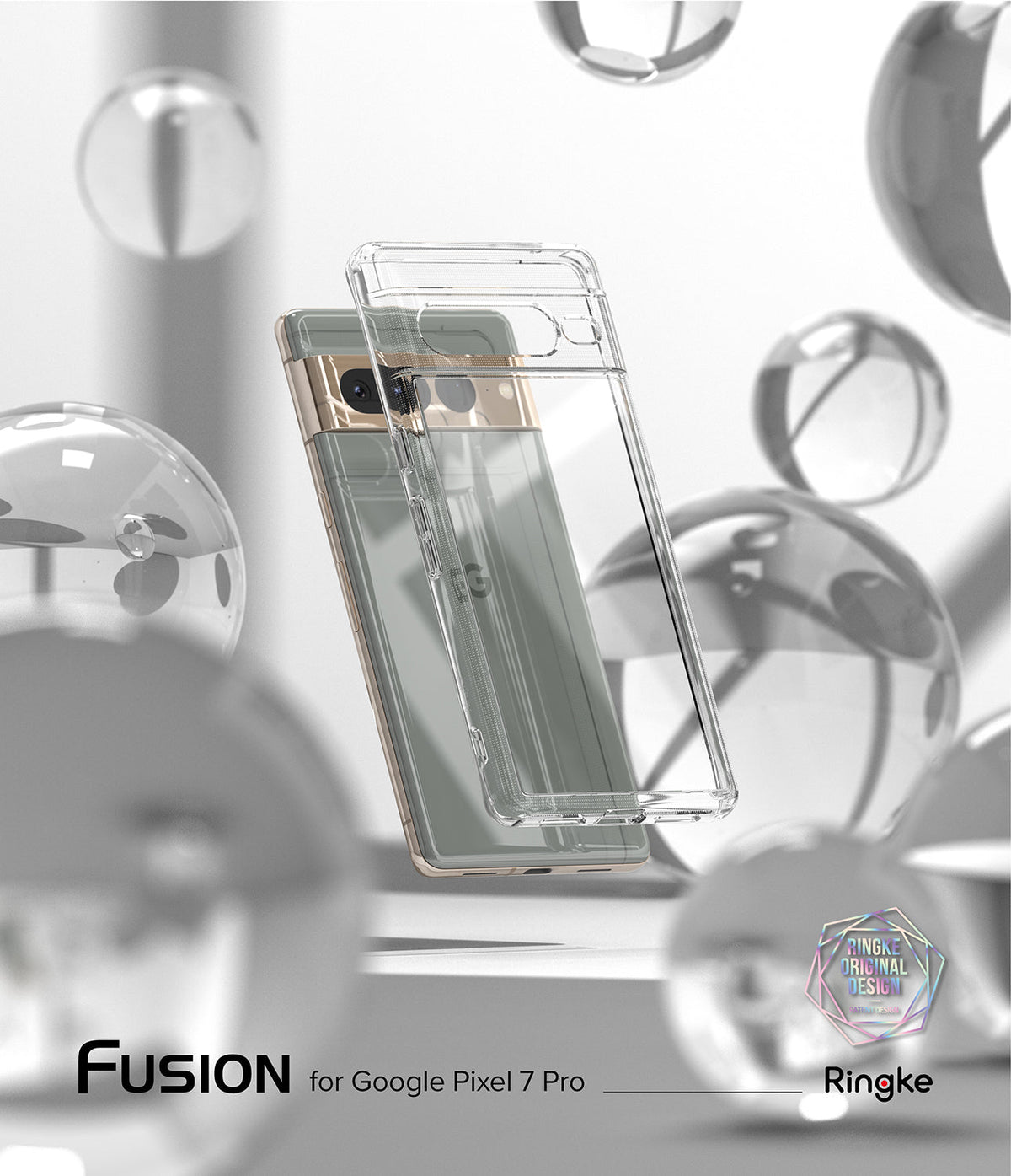 Google Pixel 7 Pro Case | Fusion Matte - A clear phone case floating in front of a sage green Pixel 7 Pro amidst glass orbs.