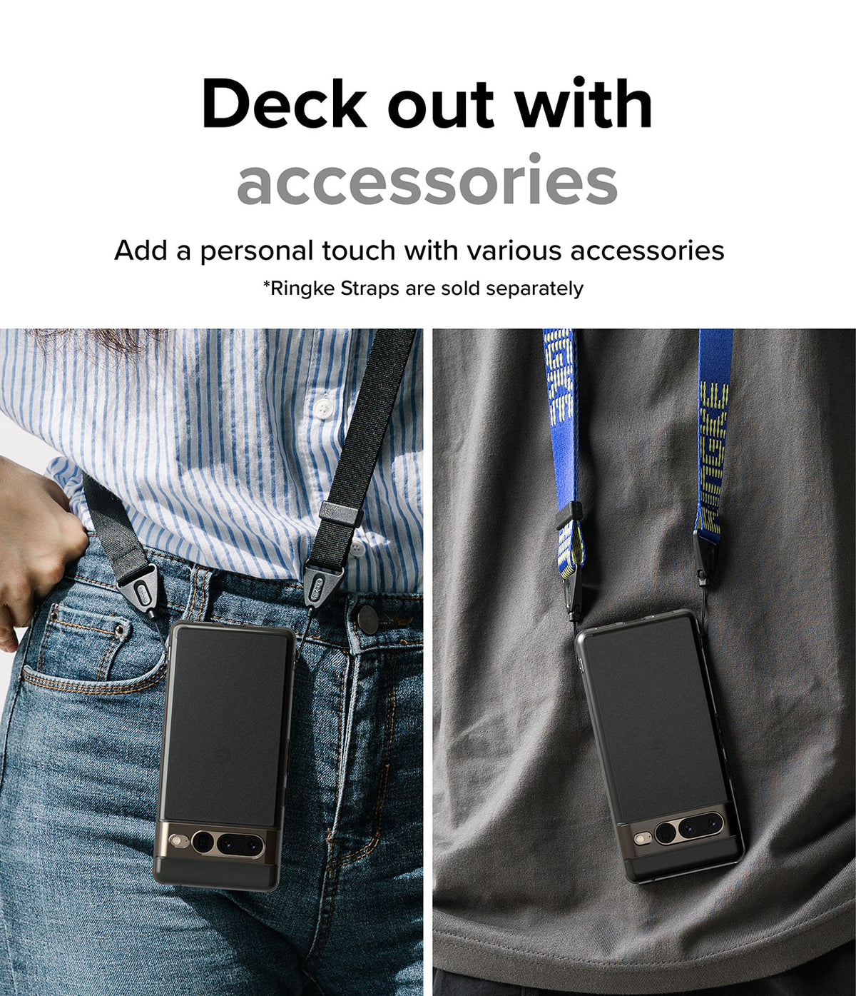 Google Pixel 7 Pro Case | Fusion Matte - Two views of a phone in a matte case worn around the neck with branded straps.