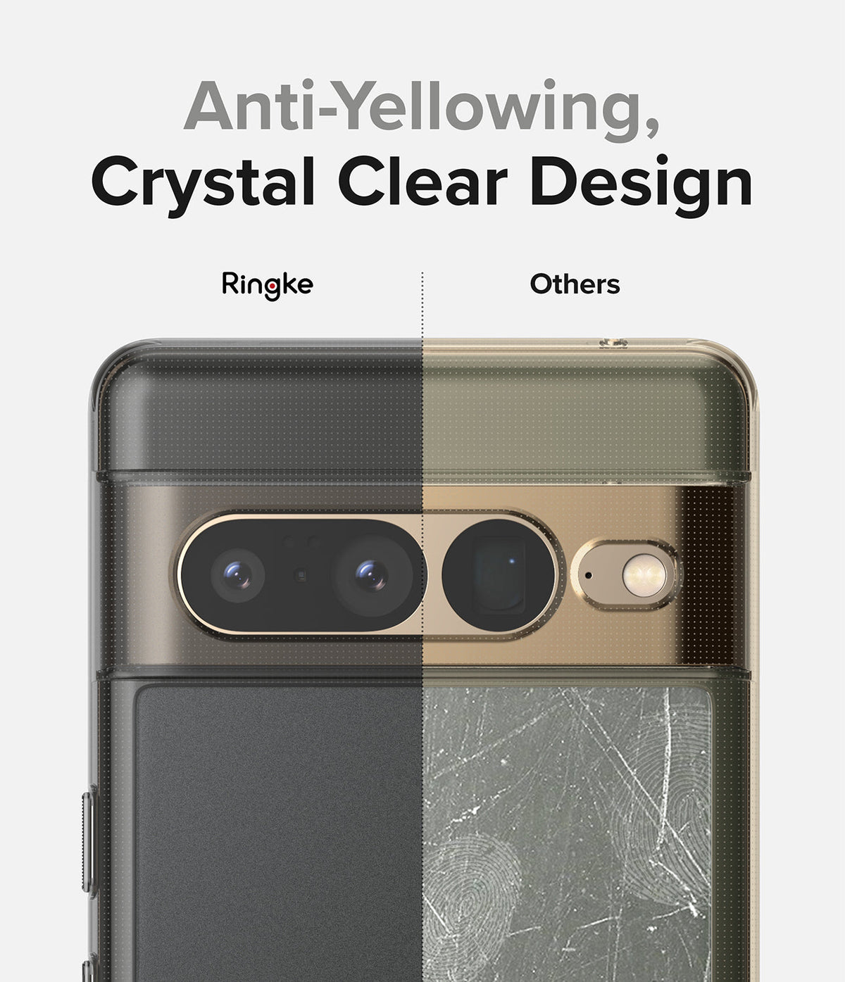 Google Pixel 7 Pro Case | Fusion Matte - Comparison showing a clear Ringke case versus a yellowed, scratched case.