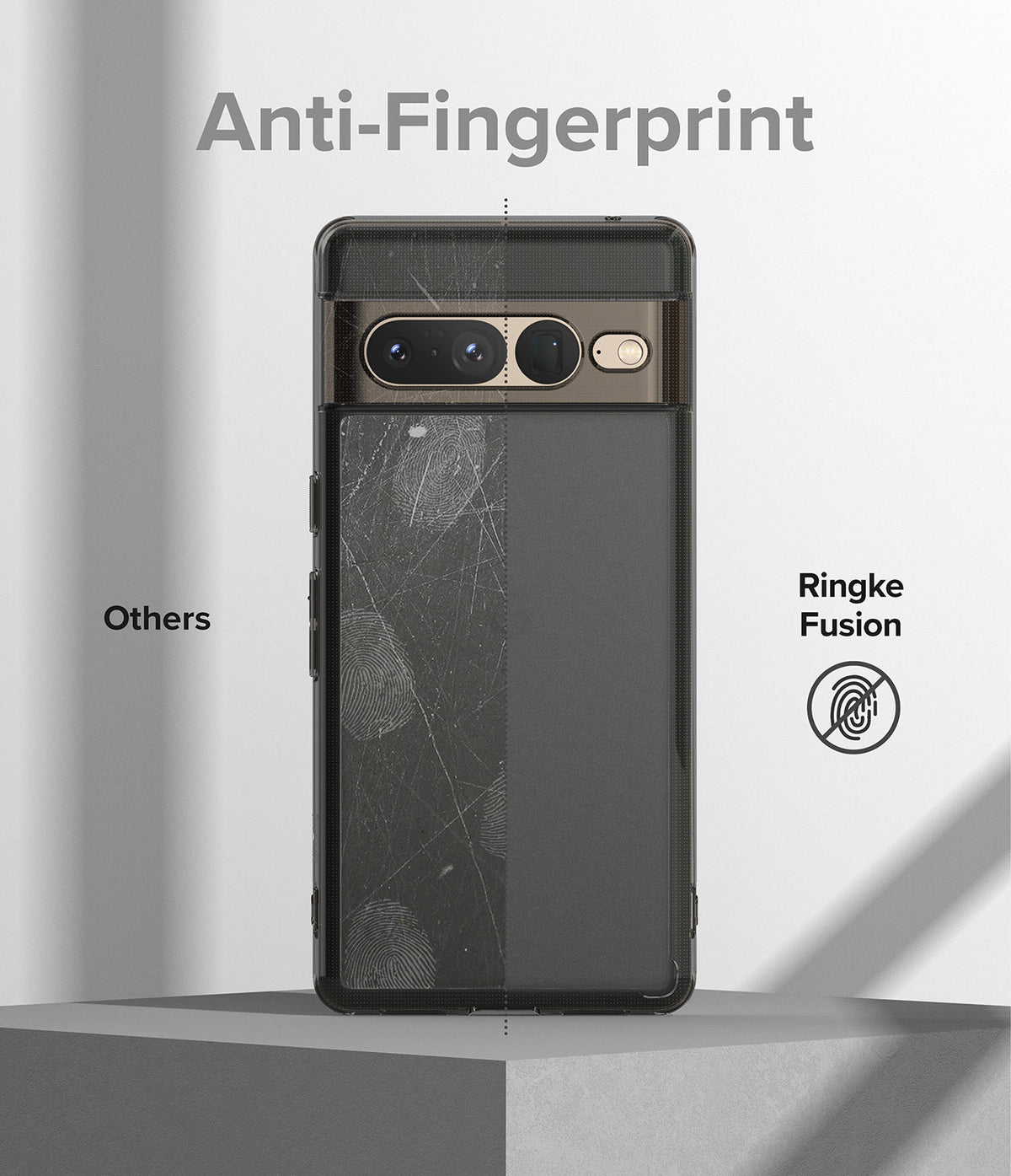 Google Pixel 7 Pro Case | Fusion Matte - Comparison showing a smudged phone case versus a clean Ringke Fusion case.