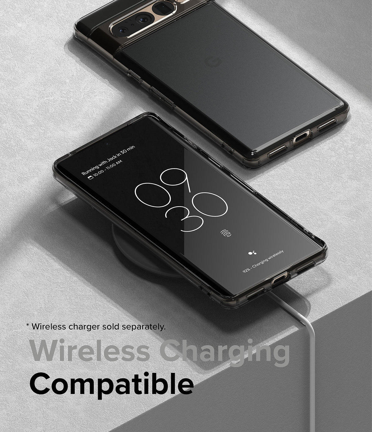 Google Pixel 7 Pro Case | Fusion Matte - Two Pixel 7 Pro phones in matte cases, one wirelessly charging on a pad.