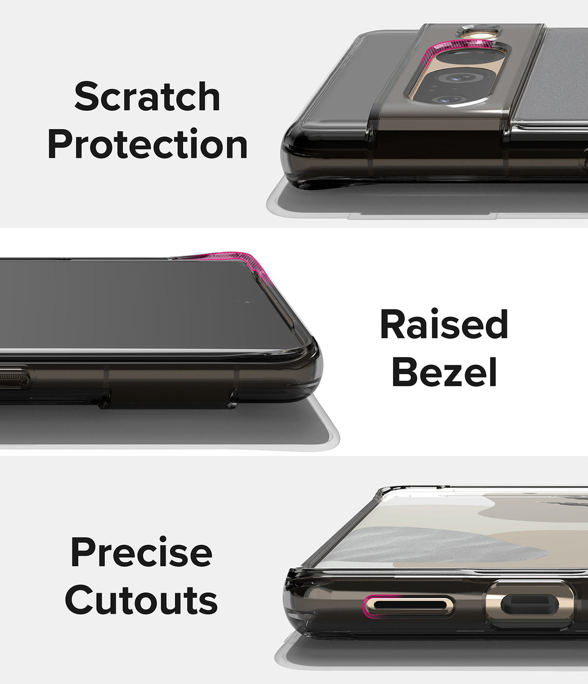 Google Pixel 7 Pro Case | Fusion Matte - Close-ups showing scratch protection, raised bezels, and precise port cutouts.