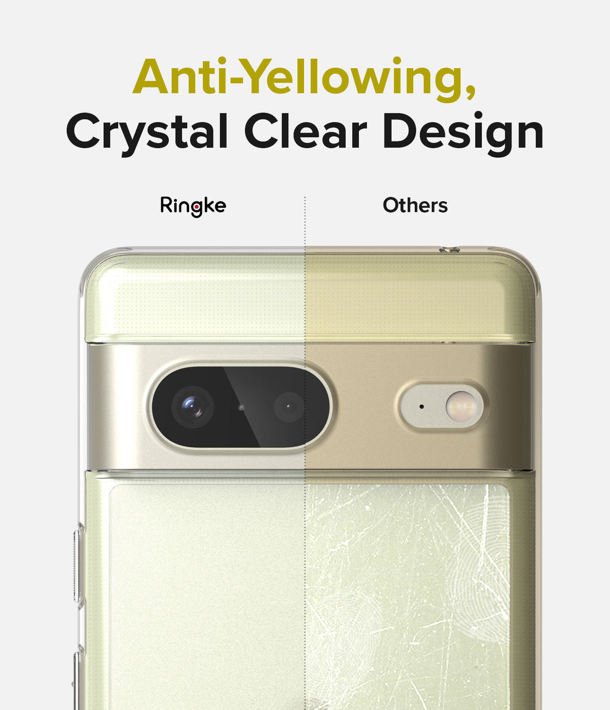 Google Pixel 7 Case | Fusion Matte - Comparison showing a clear Ringke case versus a yellowed, scratched competitor case.