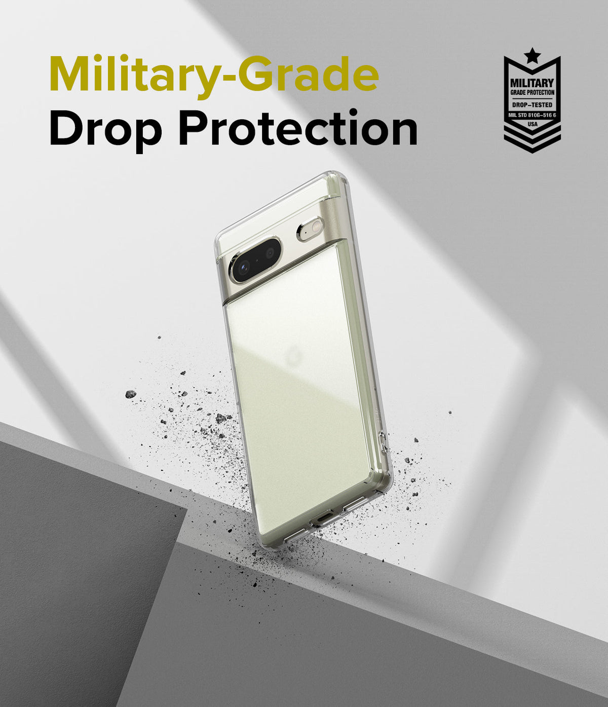 Google Pixel 7 Case | Fusion Matte - A clear phone case floating above a concrete surface with debris and a military-grade protection badge.