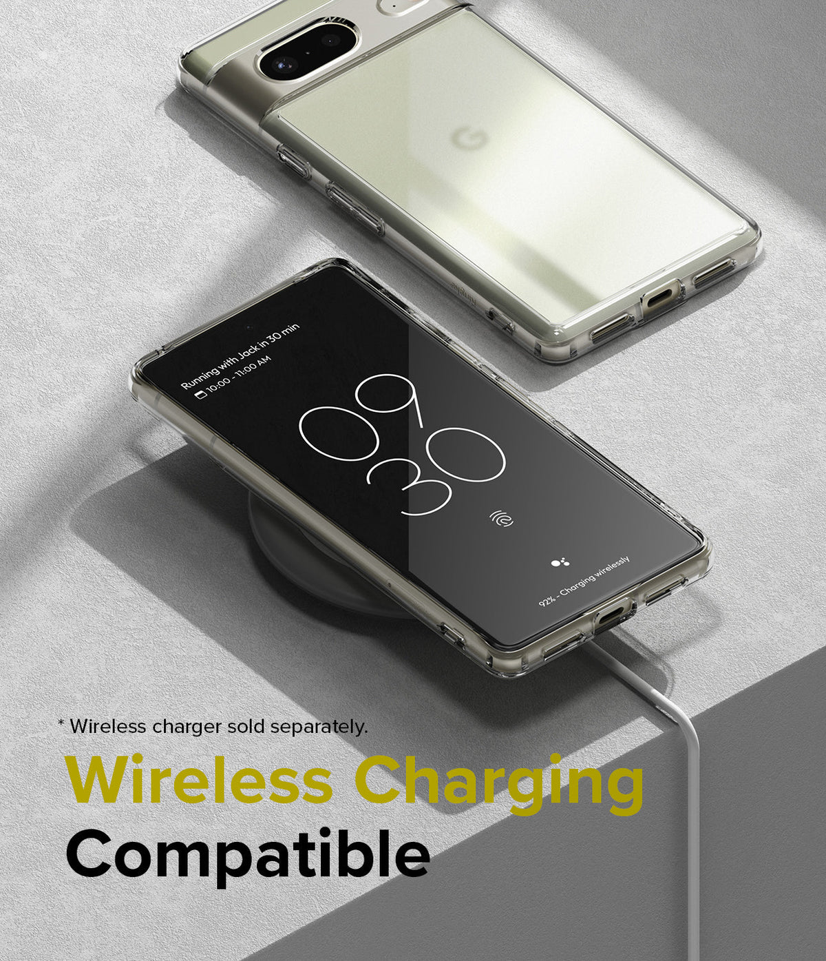 Google Pixel 7 Case | Fusion Matte - Two Pixel 7 phones in clear cases, one charging wirelessly on a pad.