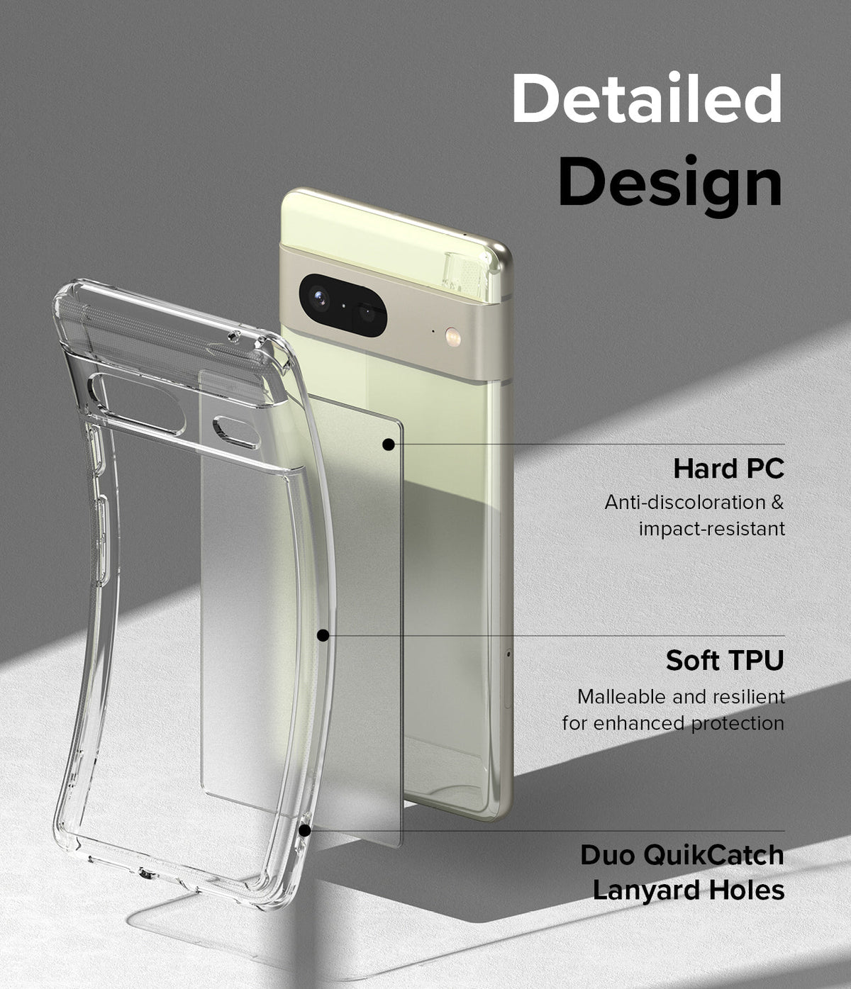 Google Pixel 7 Case | Fusion Matte - Exploded view showing hard PC back, soft TPU frame, and lanyard holes on a Pixel 7.