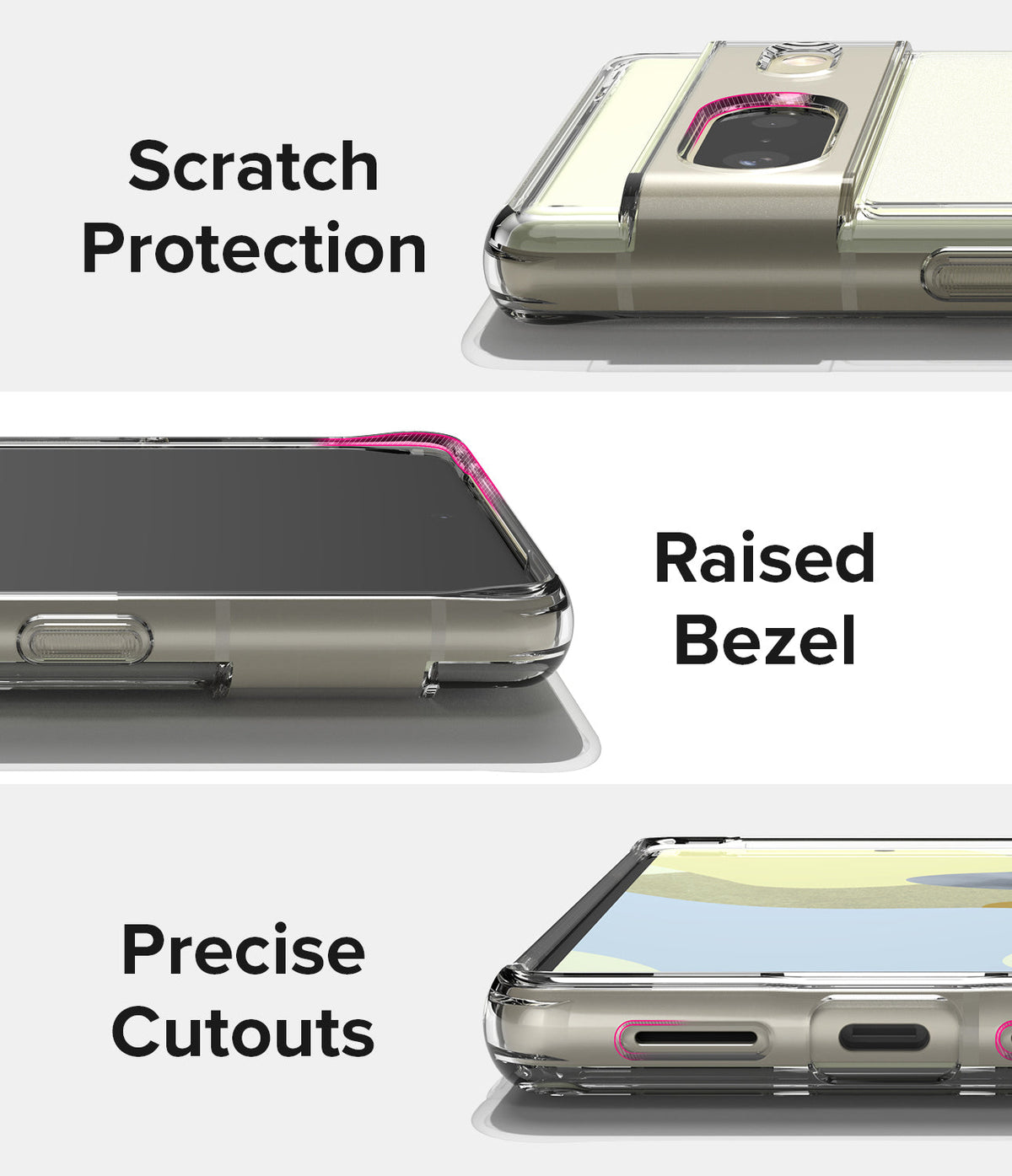 Google Pixel 7 Case | Fusion Matte - Close-ups showing camera protection, raised screen bezels, and precise port cutouts.
