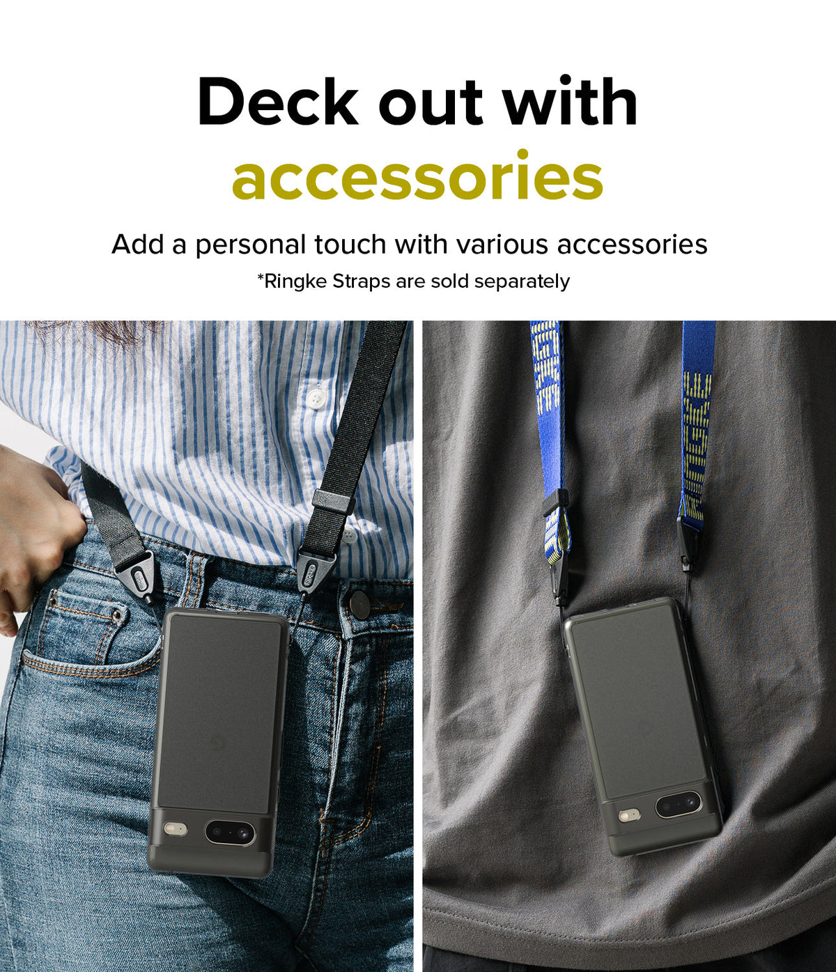 Google Pixel 7 Case | Fusion Matte - Two people wearing Google Pixel 7 phones in matte cases attached to colorful lanyards.
