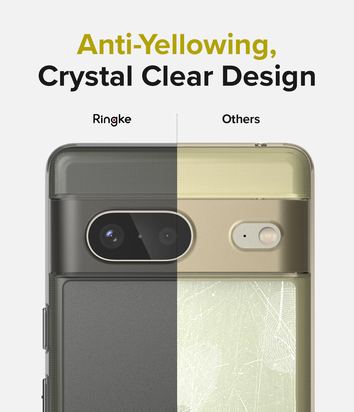 Google Pixel 7 Case | Fusion Matte - Comparison showing clear Ringke case vs yellowed, scratched competitor case.