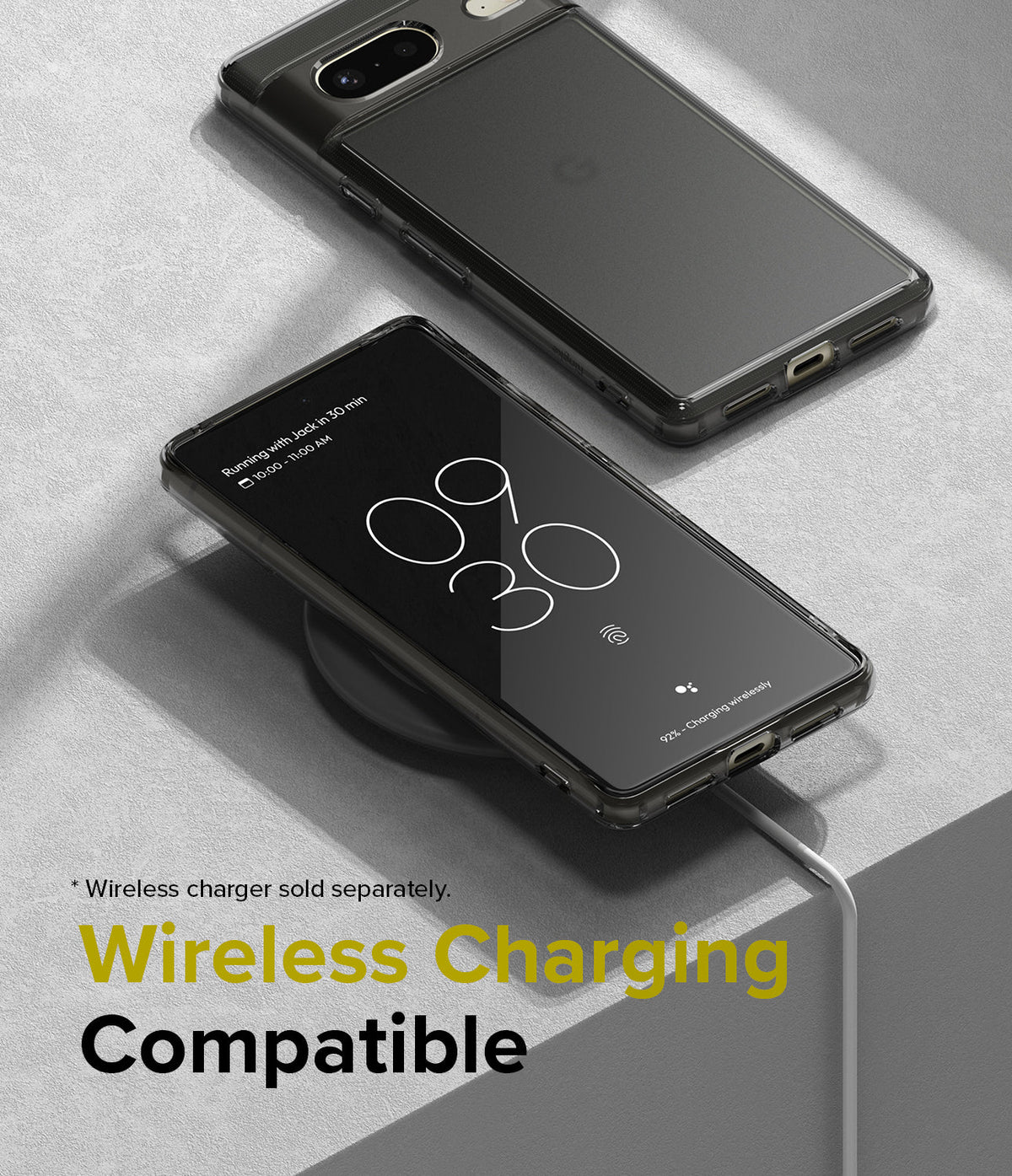 Google Pixel 7 Case | Fusion Matte - A Pixel 7 in a matte case wirelessly charging on a pad with a clock display.