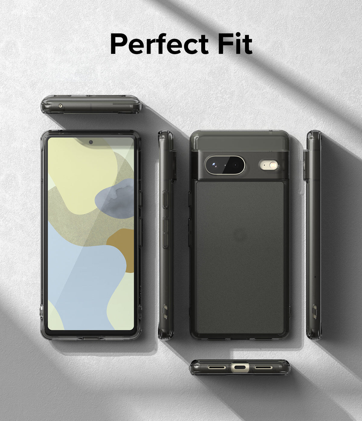 Google Pixel 7 Case | Fusion Matte - Multiple views of a matte black phone case on a Google Pixel 7 against a gray background.