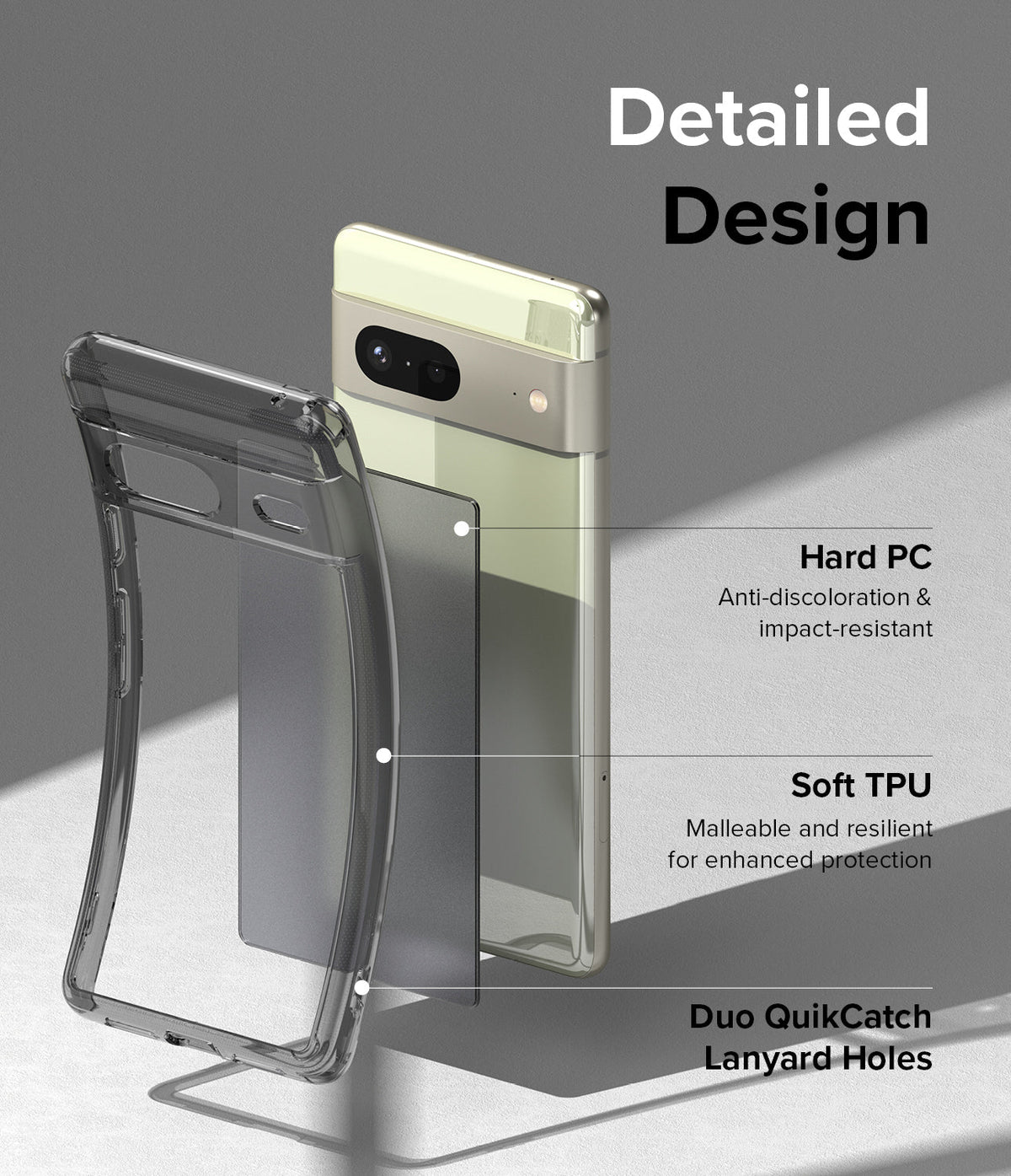 Google Pixel 7 Case | Fusion Matte - Exploded view of a Pixel 7 phone case highlighting hard PC, soft TPU, and lanyard holes.