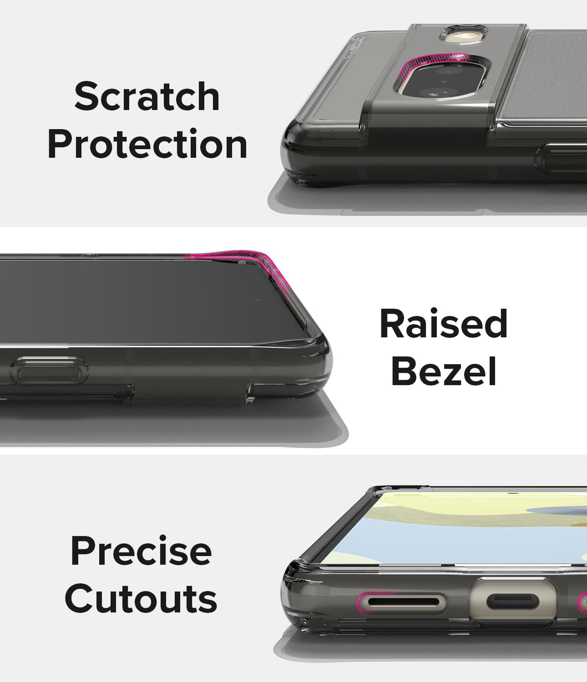 Google Pixel 7 Case | Fusion Matte - Close-ups showing camera scratch protection, raised screen bezels, and precise port cutouts.