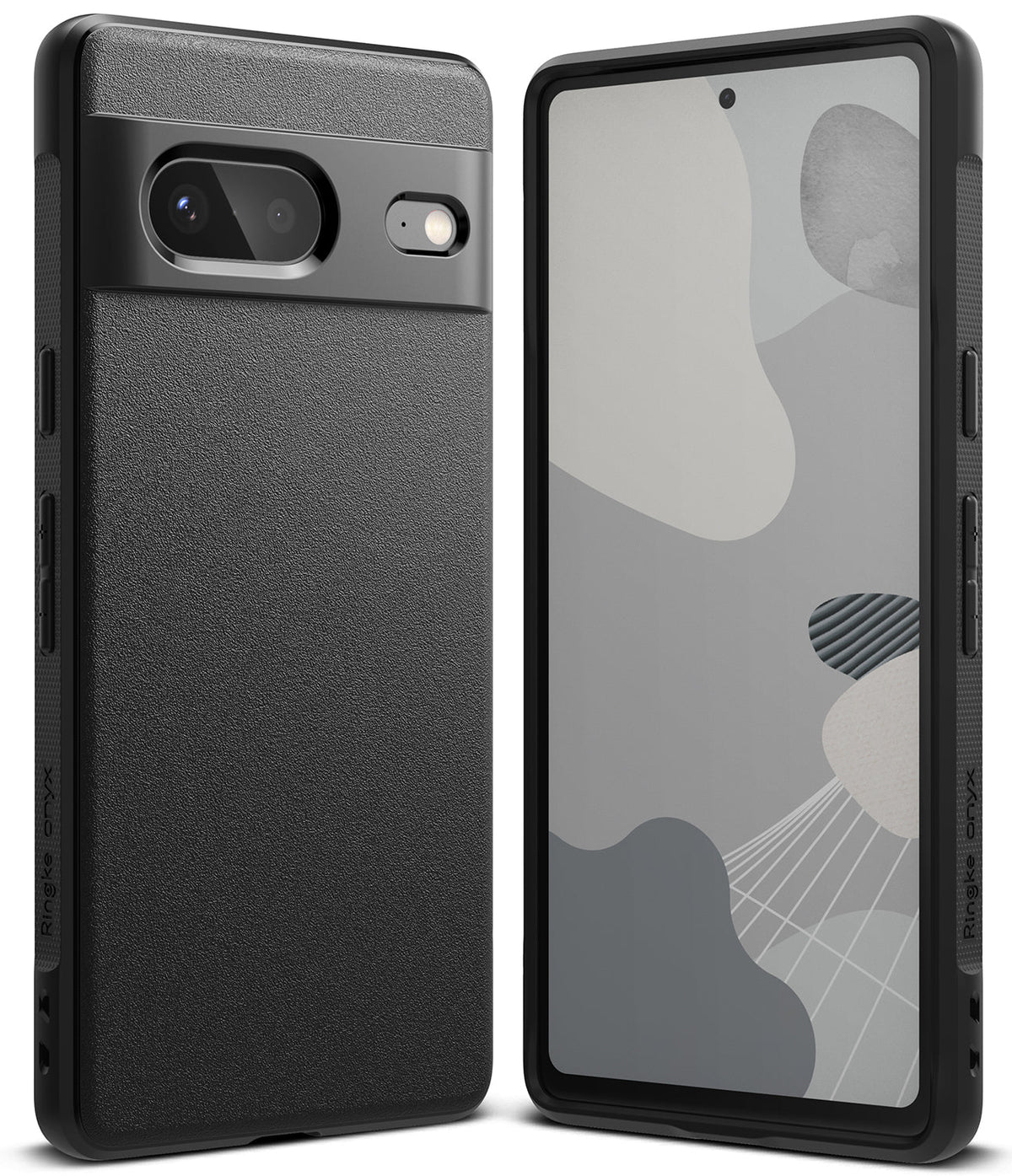 Google Pixel 7 Case | Onyx - Front and back views of a black textured phone case on a Google Pixel 7.