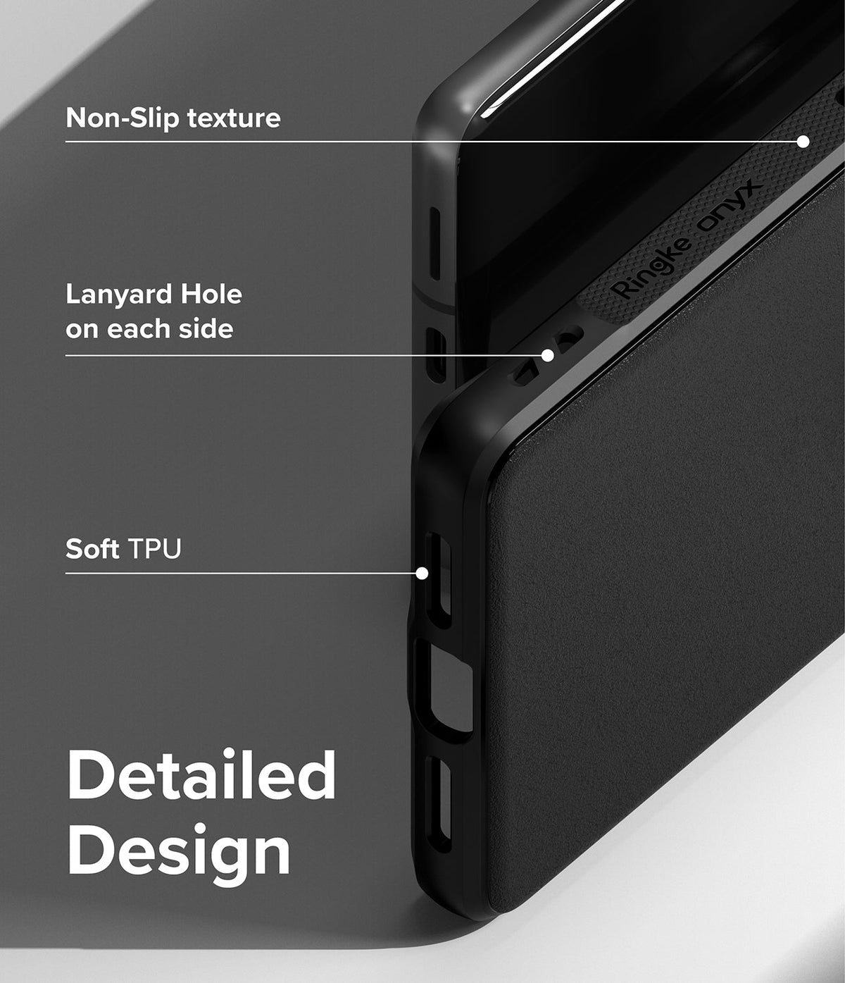 Google Pixel 7 Case | Onyx - Close-up of black phone case highlighting non-slip texture, lanyard holes, and soft TPU material.