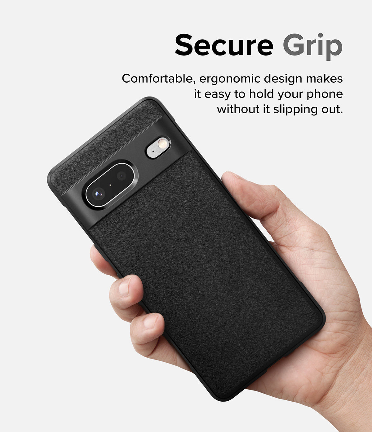 Google Pixel 7 Case | Onyx - Hand holding a black textured phone case with a secure grip design and camera cutout.