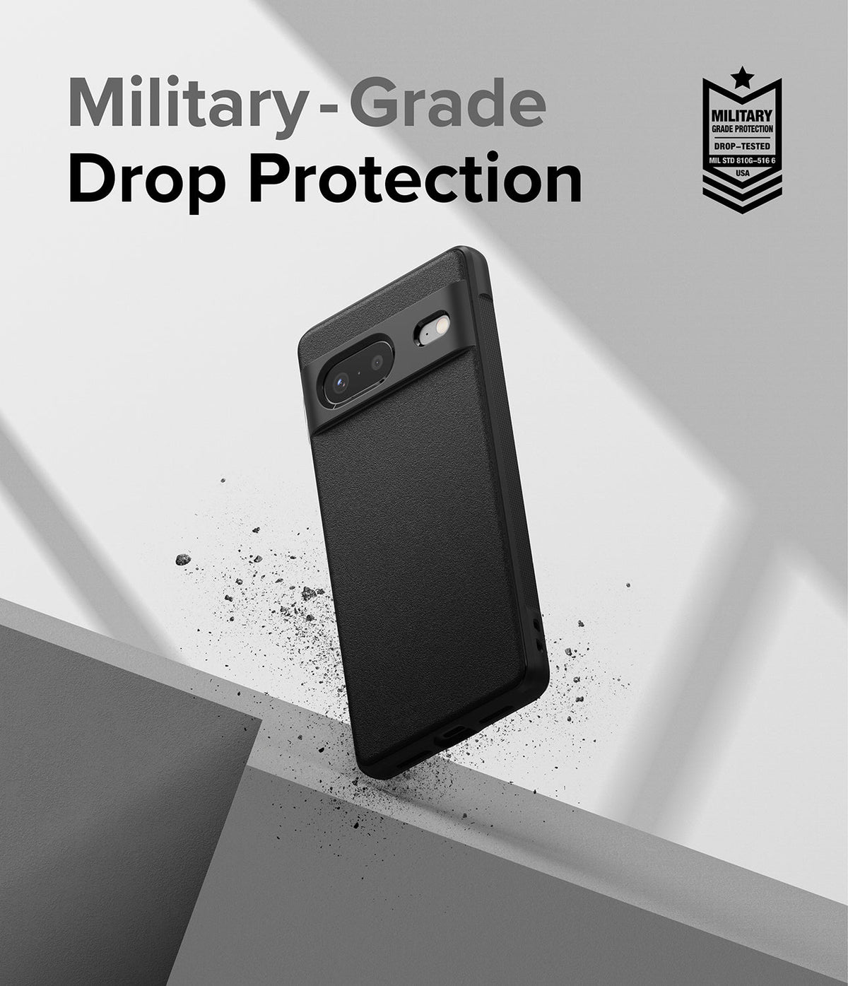 Google Pixel 7 Case | Onyx - Black phone case with military-grade drop protection badge against a gray geometric background.