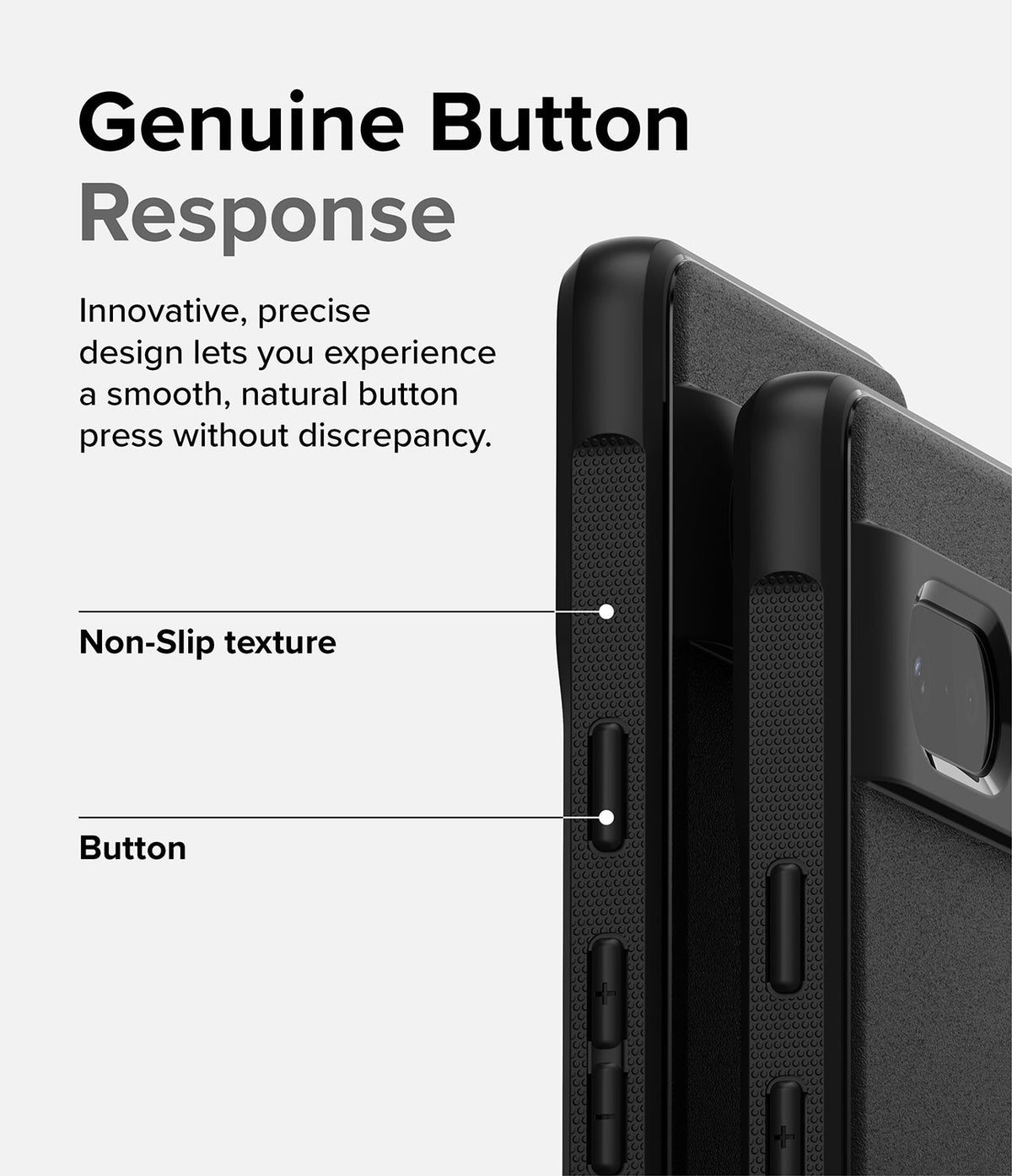 Google Pixel 7 Case | Onyx - Close-up of a black phone case highlighting the textured side grip and responsive button design.