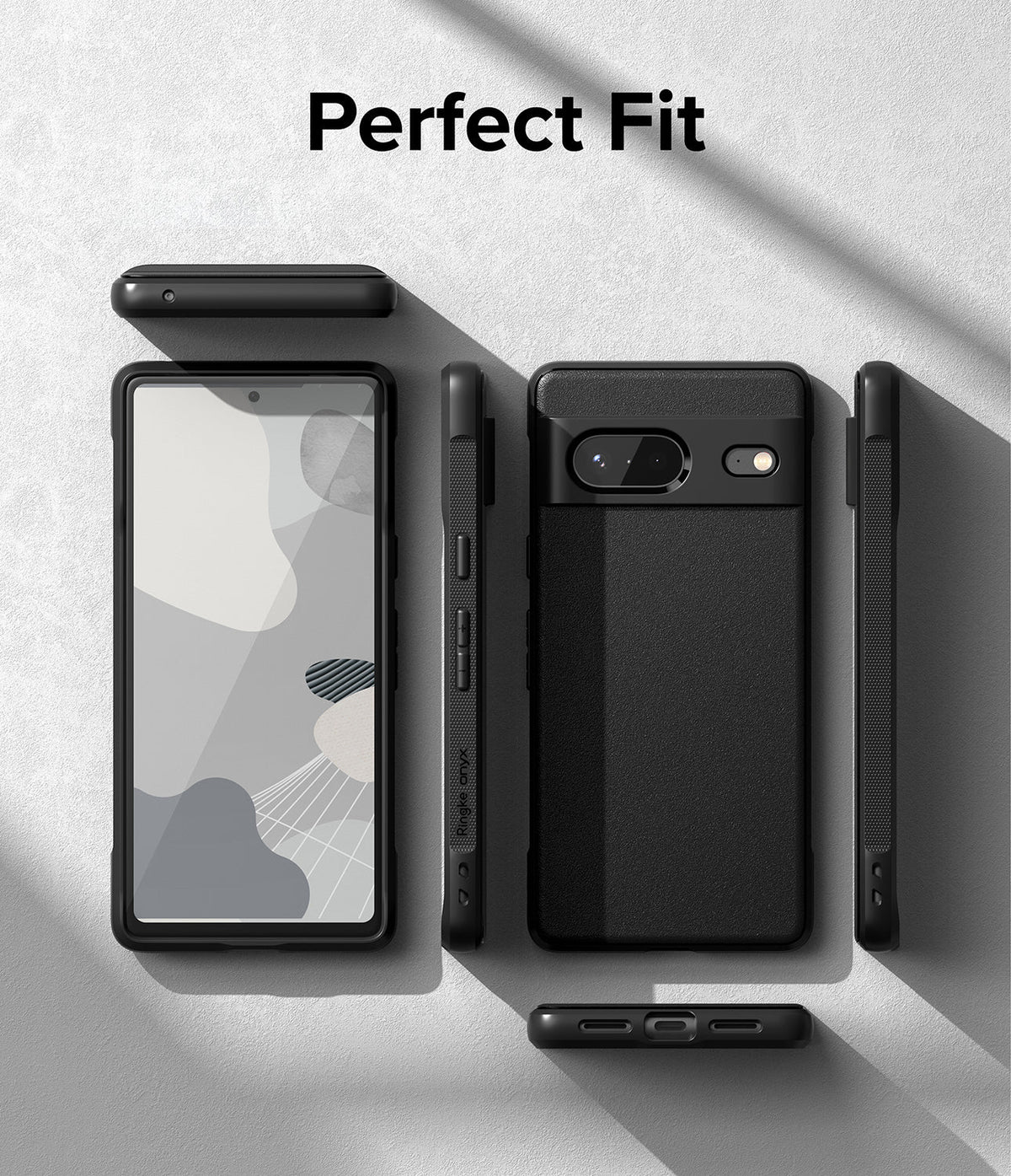Google Pixel 7 Case | Onyx - Multiple views of a black phone case showing front, back, and side profiles on a gray surface.