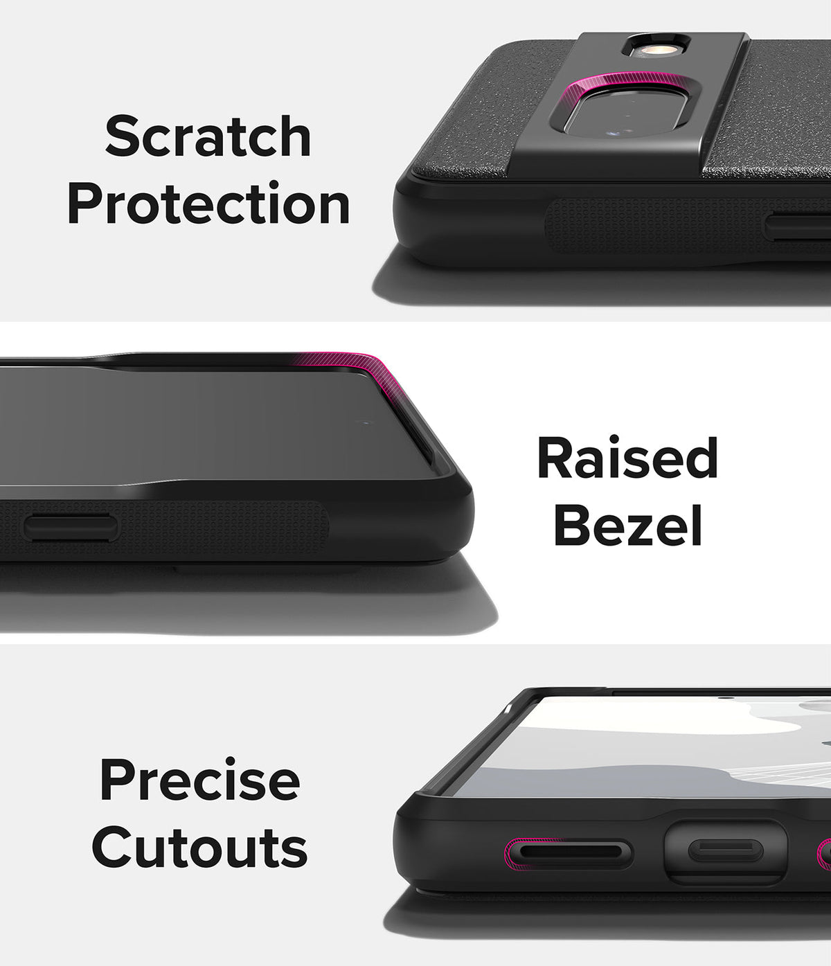Google Pixel 7 Case | Onyx - Three close-up views showing scratch protection, raised screen bezels, and precise port cutouts.