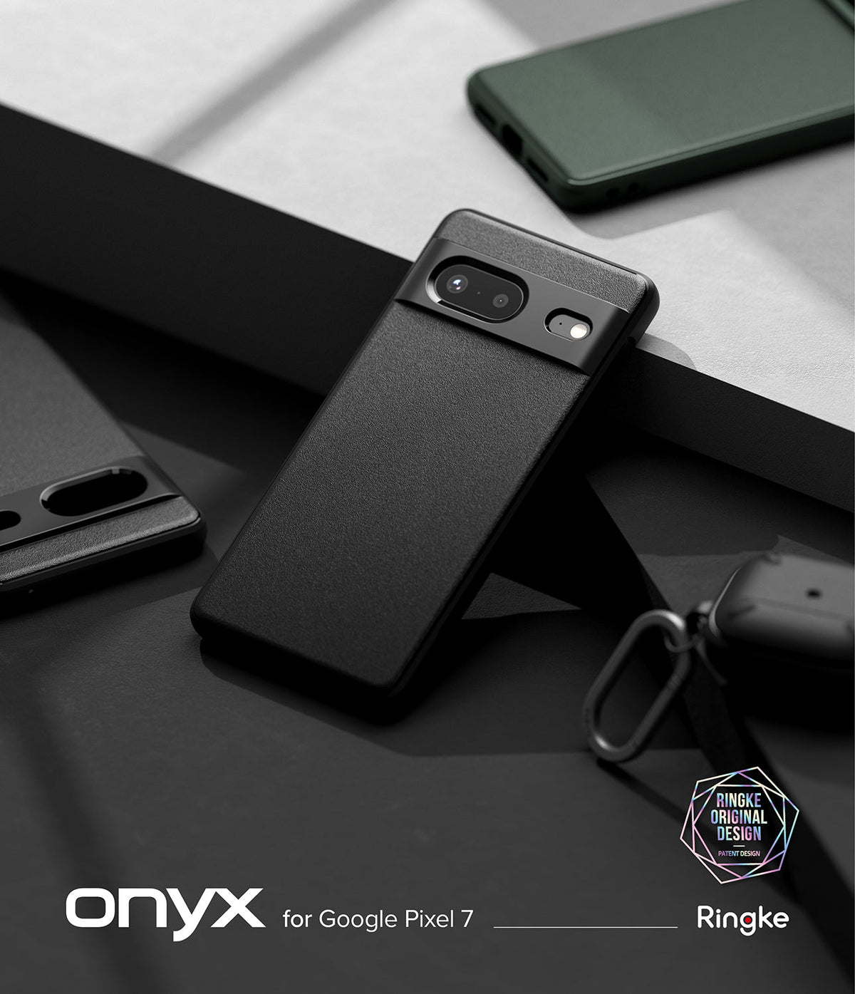 Google Pixel 7 Case | Onyx - Black textured protective phone case for Google Pixel 7 with camera bar cutout on dark surface.