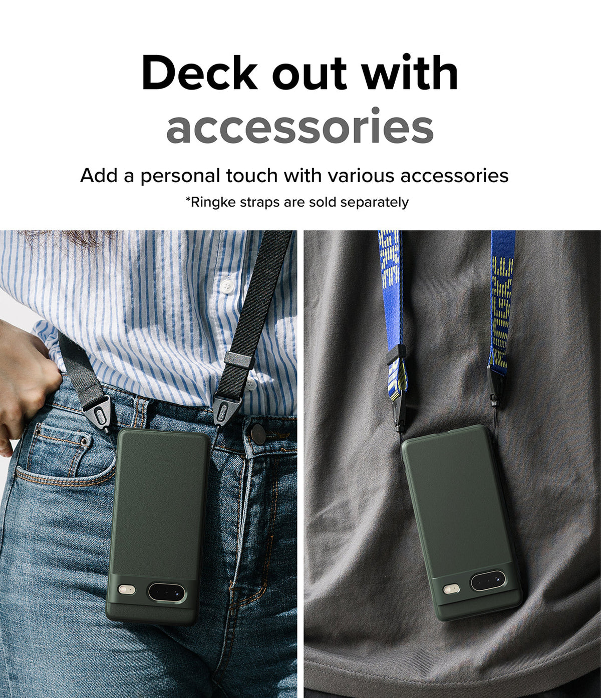 Google Pixel 7 Case | Onyx - Two people wearing dark green phone cases on lanyards attached to their clothing.