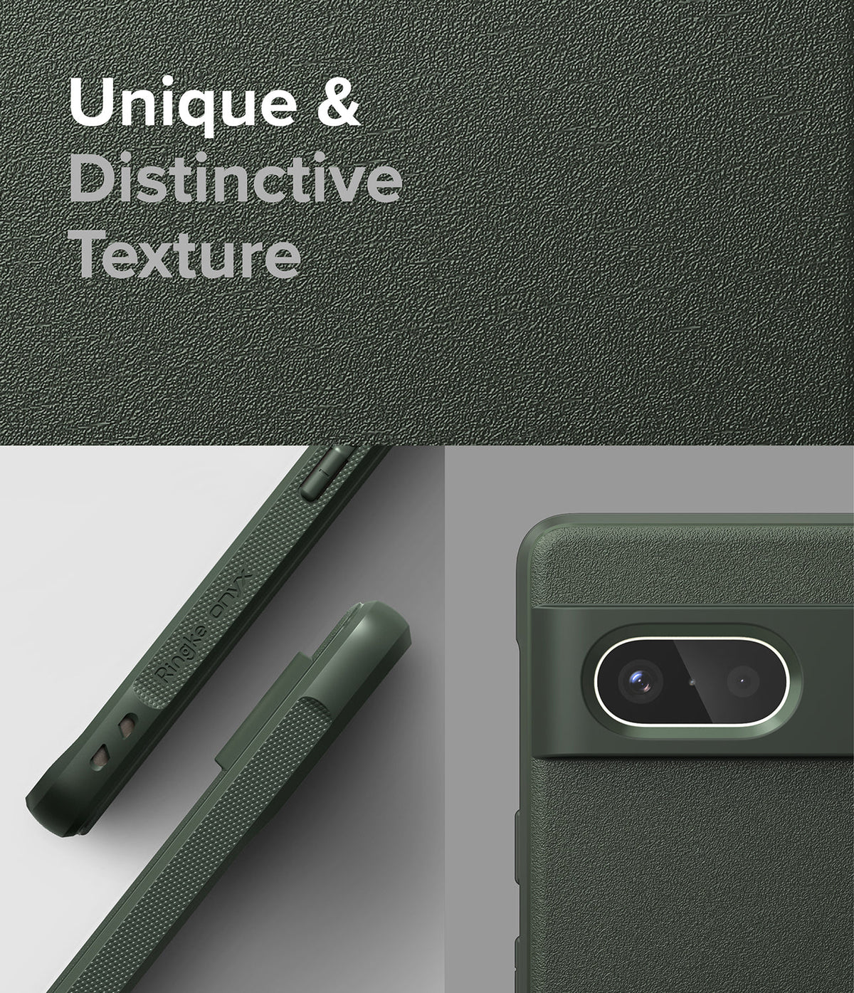 Google Pixel 7 Case | Onyx - Dark green phone case with a textured, matte finish and detailed views of the camera bar.