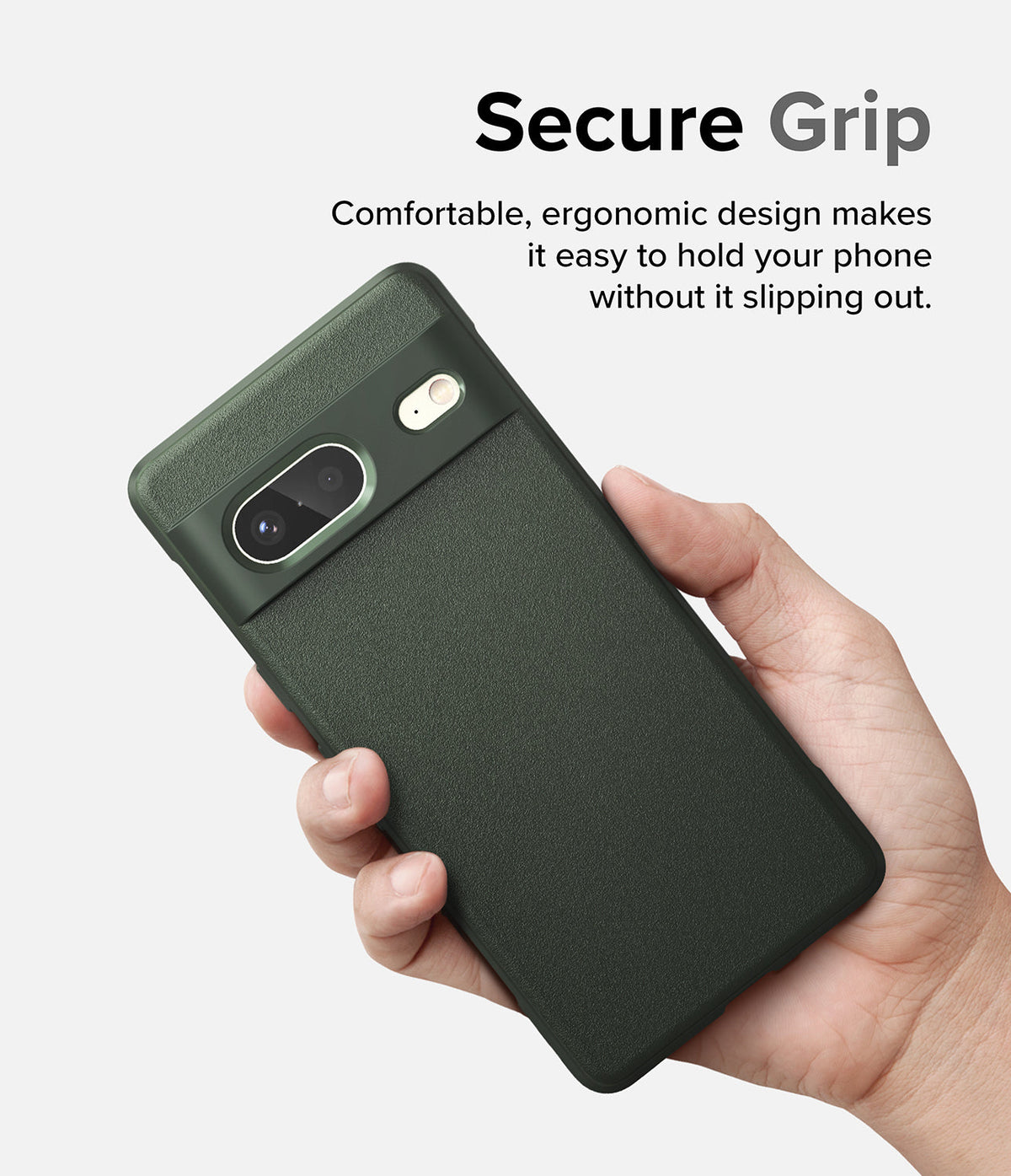 Google Pixel 7 Case | Onyx - A hand holding a dark green textured phone case with a camera cutout against a white background.