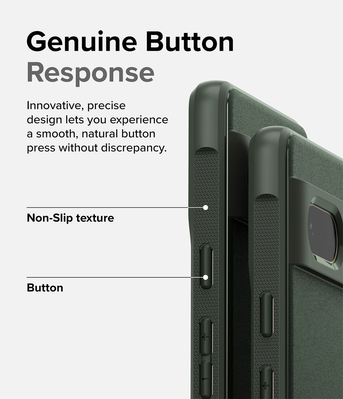 Google Pixel 7 Case | Onyx - Close-up of dark green phone case highlighting non-slip texture and responsive side buttons.