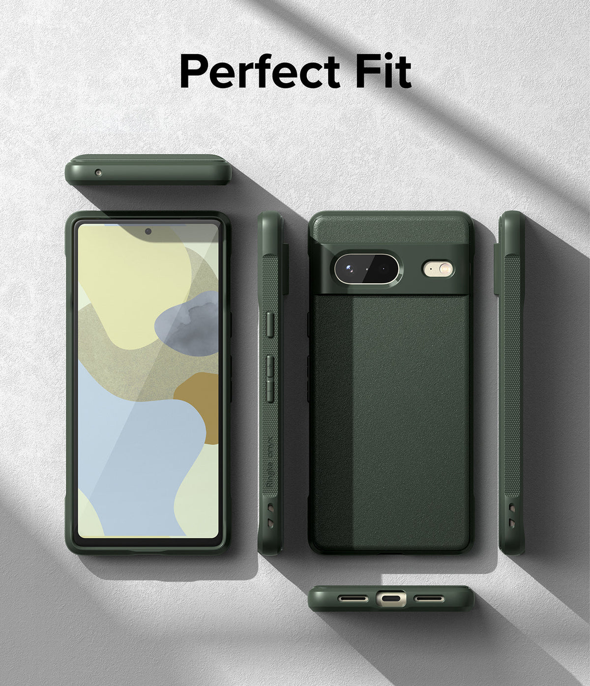 Google Pixel 7 Case | Onyx - Dark green phone case shown from multiple angles with a textured back and precise cutouts.