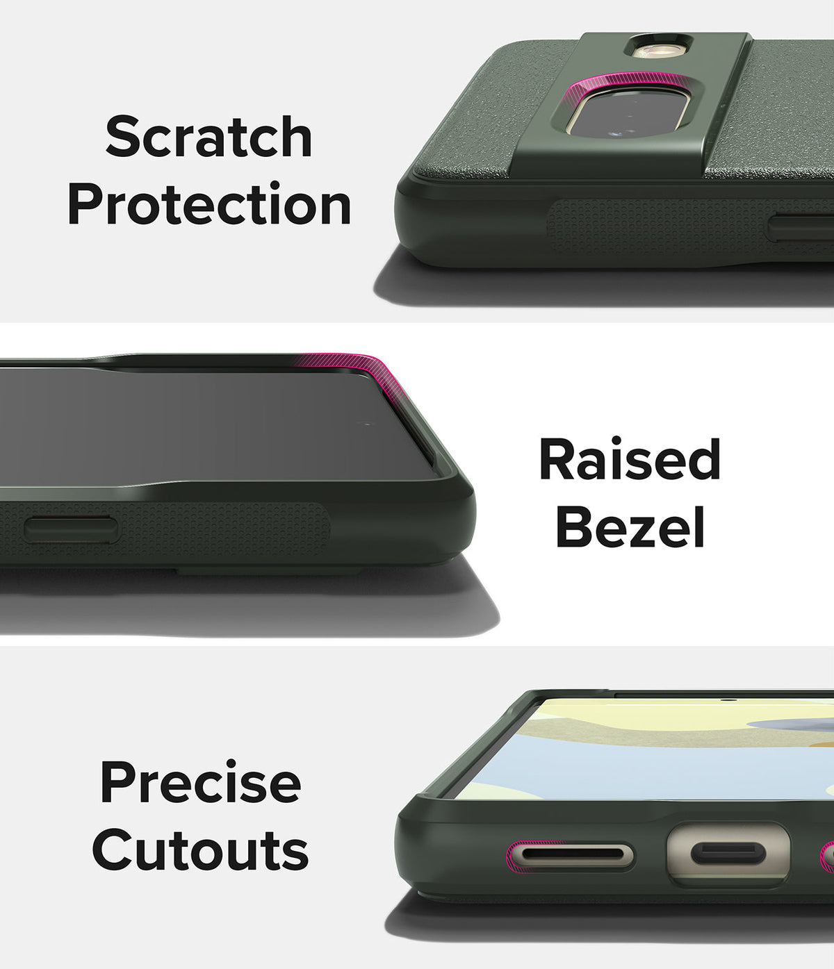 Google Pixel 7 Case | Onyx - Three close-up views highlighting scratch protection, raised bezels, and precise port cutouts.