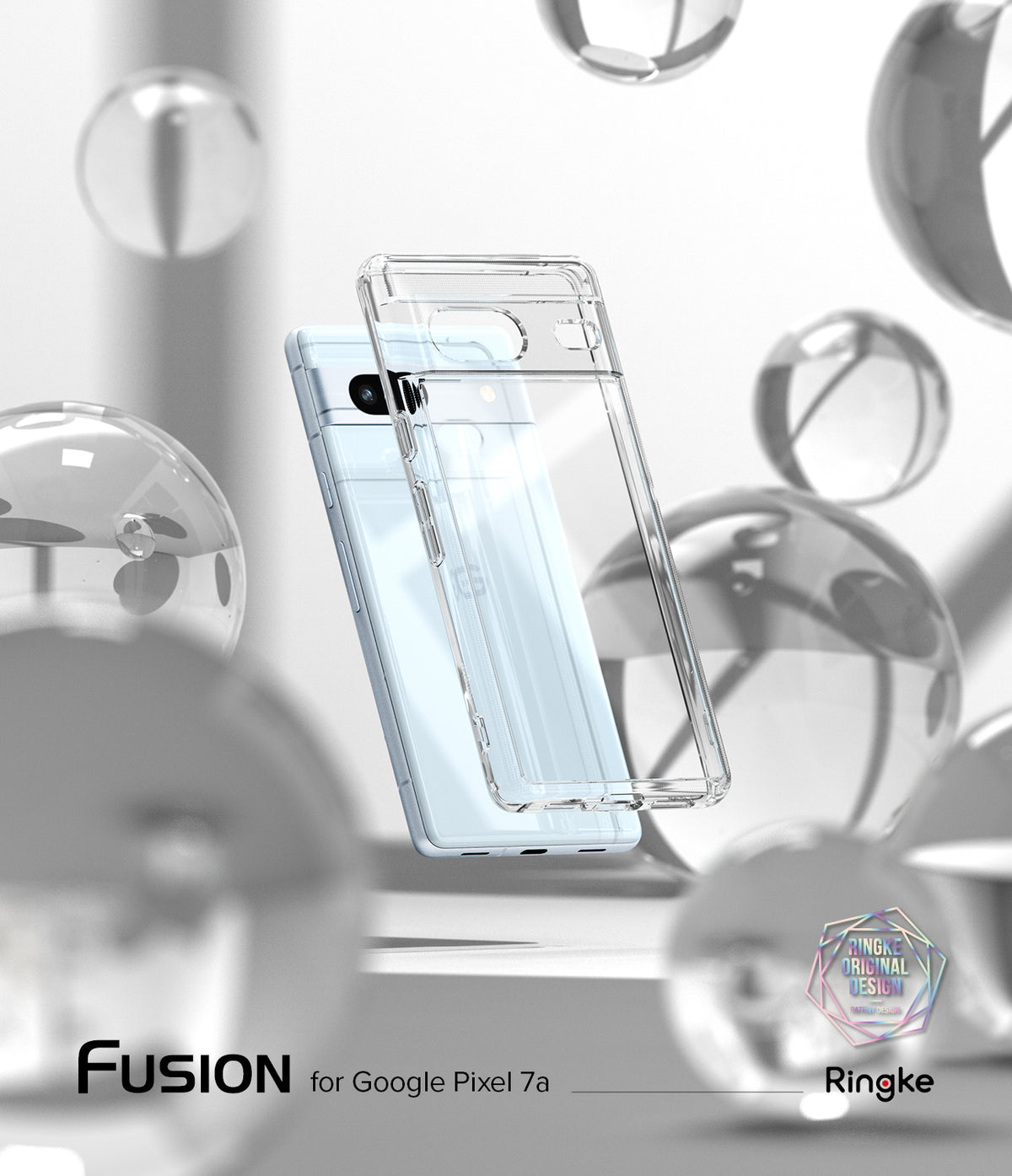 Google Pixel 7a Case | Fusion - Clear - Transparent protective case hovering in front of a light blue Pixel 7a phone amidst floating glass spheres.
