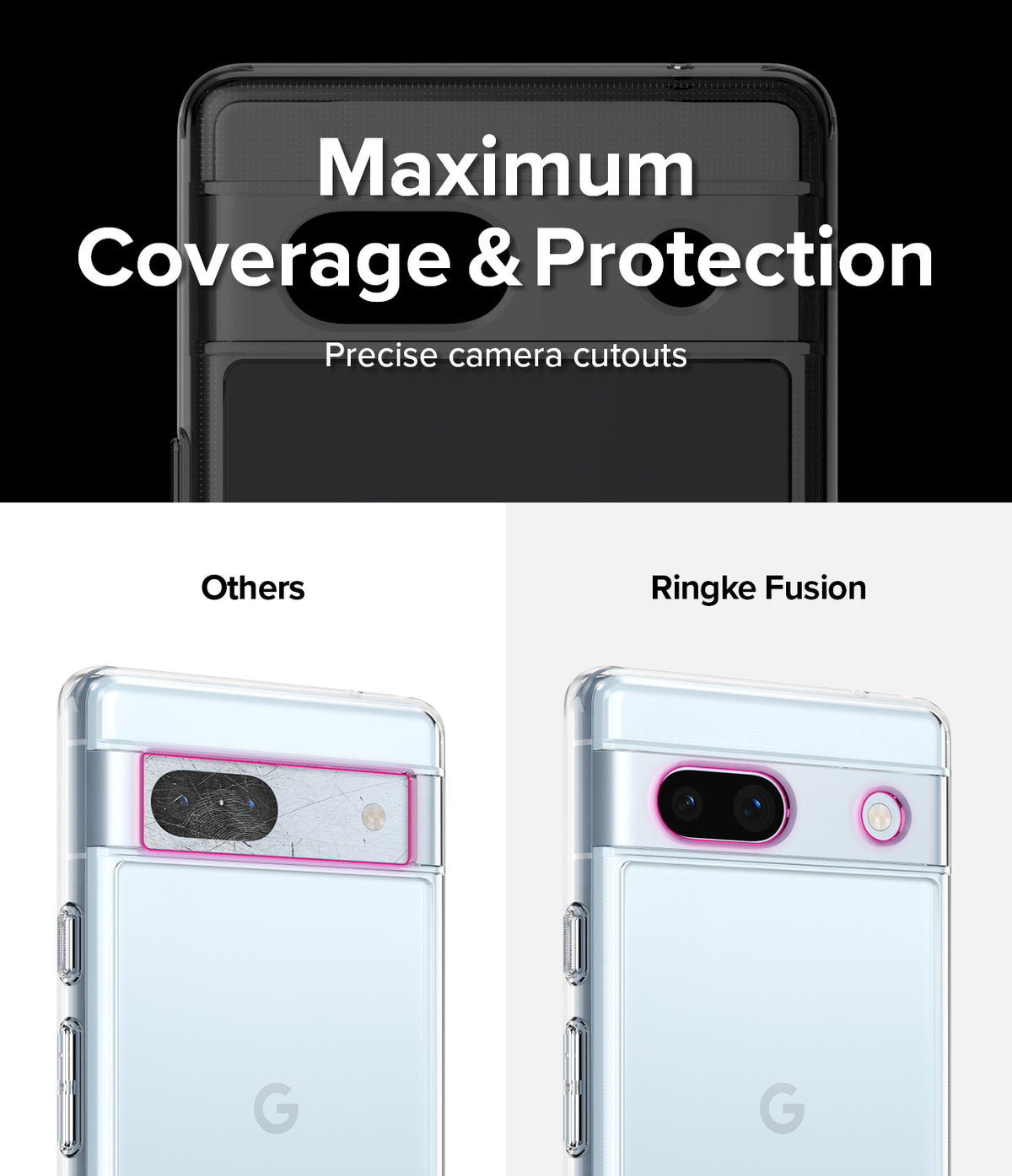 Google Pixel 7a Case | Fusion - Clear - Comparison showing precise camera cutouts on a clear phone case versus a generic case.