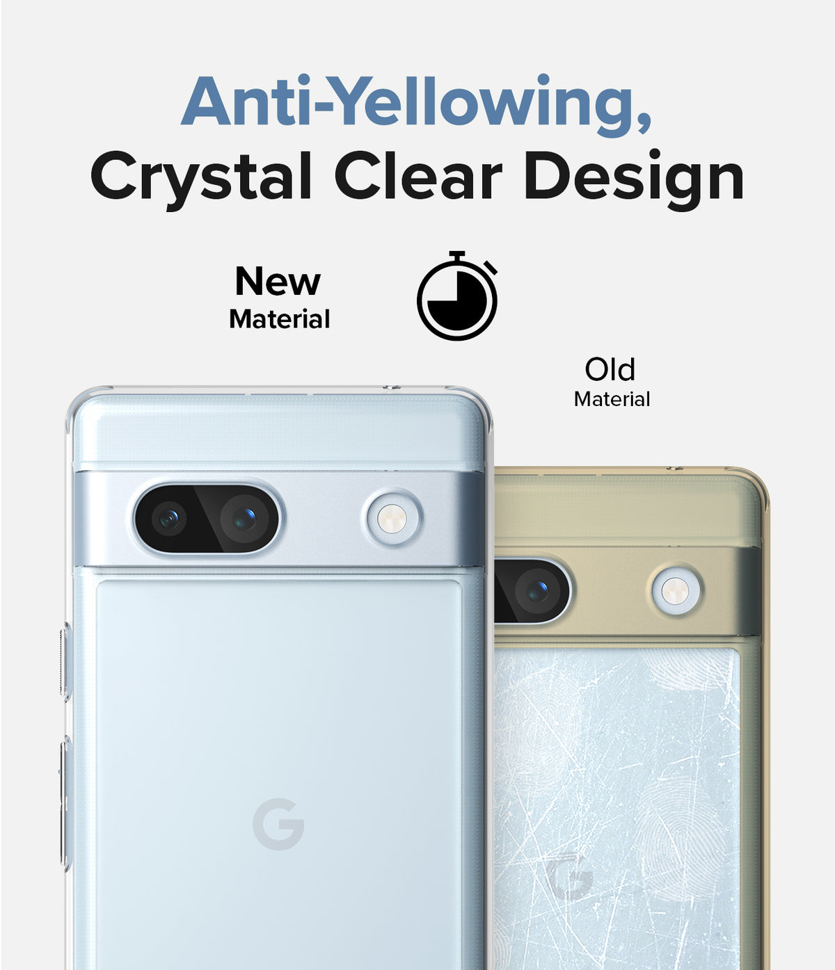 Google Pixel 7a Case | Fusion - Clear - Comparison of a clear, anti-yellowing phone case versus a yellowed, scratched case.