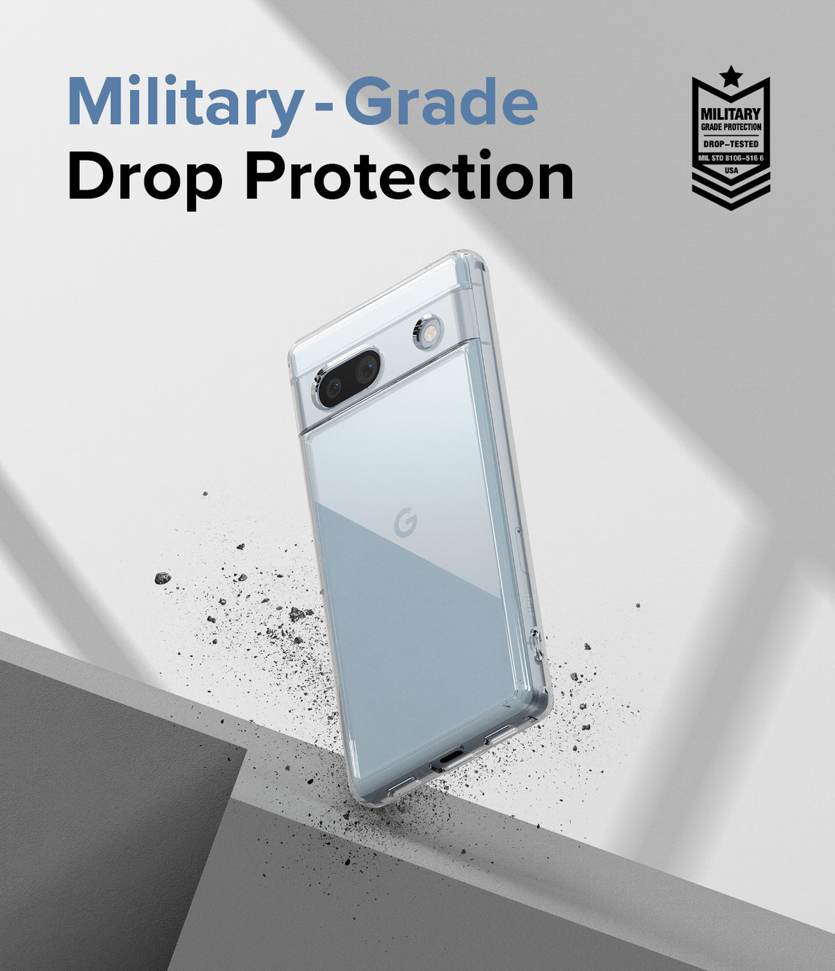 Google Pixel 7a Case | Fusion - Clear - Clear phone case on a Pixel 7a floating above debris with military-grade protection text.