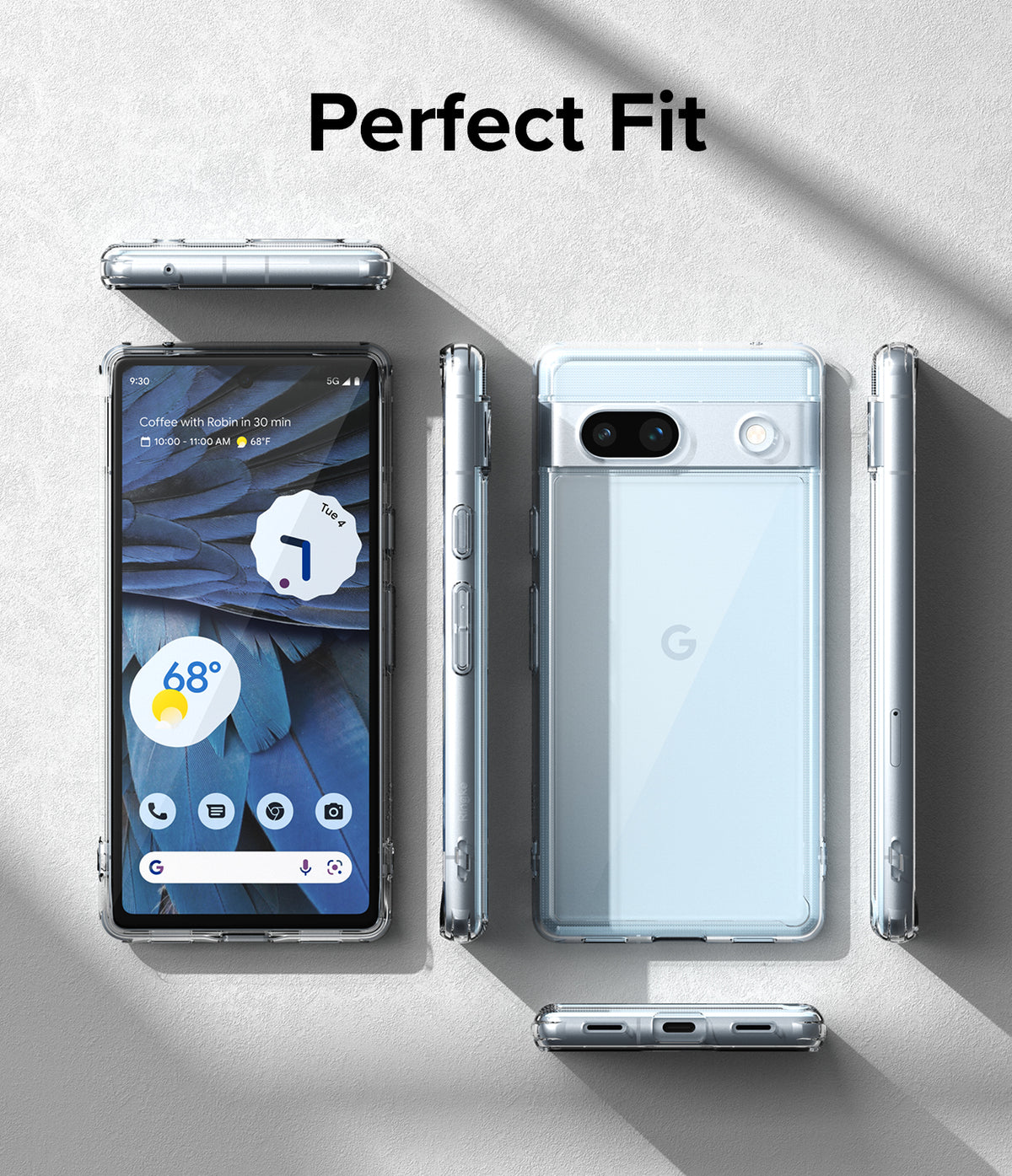 Google Pixel 7a Case | Fusion - Clear - Multiple views of a clear phone case on a Google Pixel 7a against a gray background.