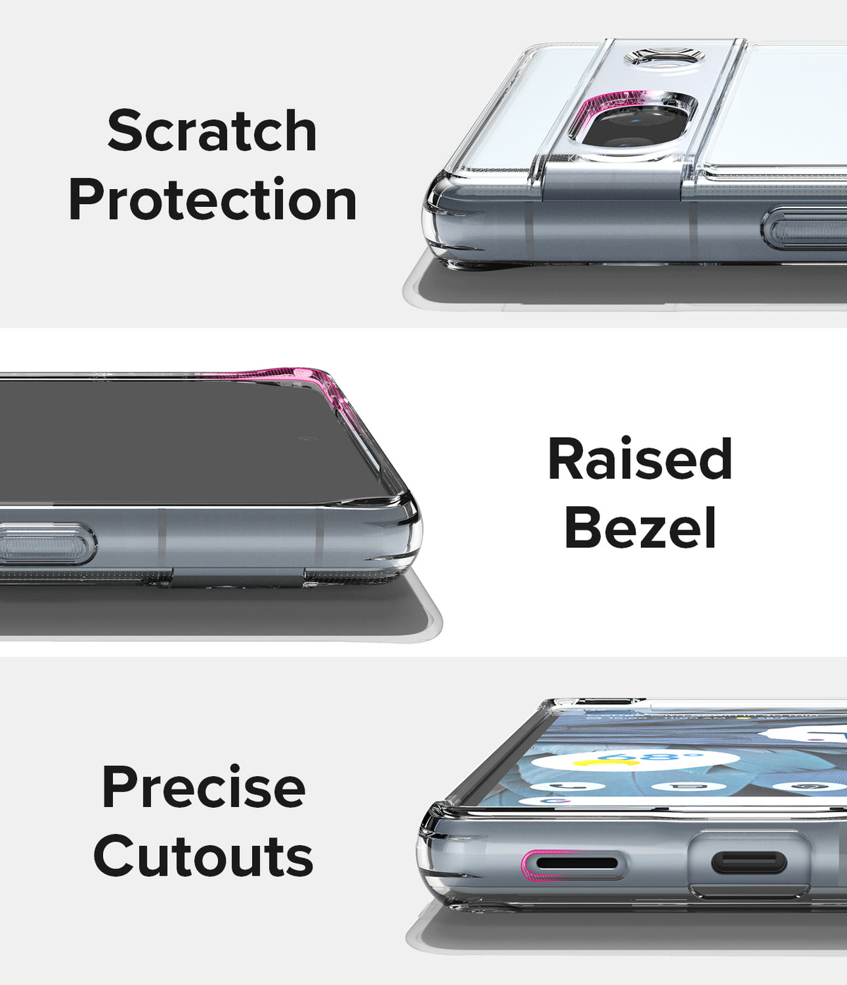 Google Pixel 7a Case | Fusion - Clear - Three views showing scratch protection, raised bezels, and precise port cutouts.