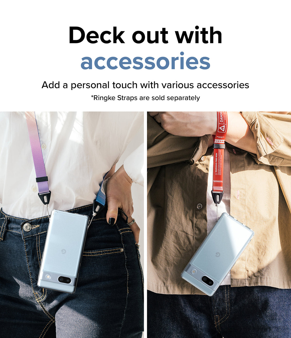 Google Pixel 7a Case | Fusion Matte - Two people wearing Google Pixel 7a phones on colorful neck and wrist straps.