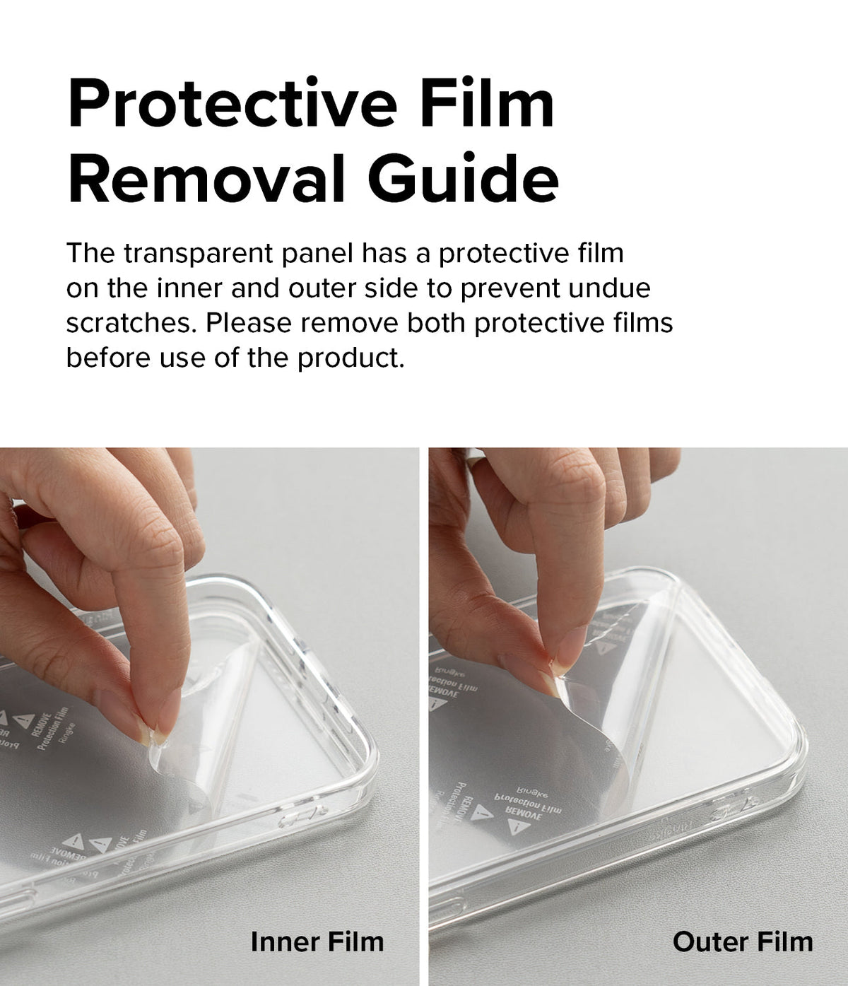 Google Pixel 7a Case | Fusion Matte - Hands peeling protective film from the inner and outer sides of a phone case.