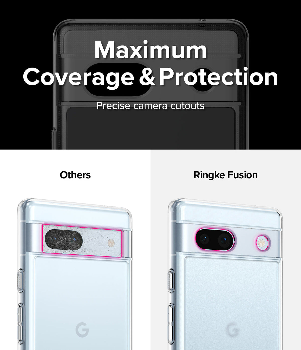 Google Pixel 7a Case | Fusion Matte - Comparison showing Ringke Fusion case providing precise camera protection.
