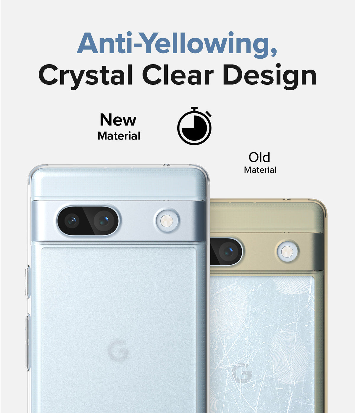 Google Pixel 7a Case | Fusion Matte - Comparison of a clear, anti-yellowing case versus an old, yellowed, scratched case.