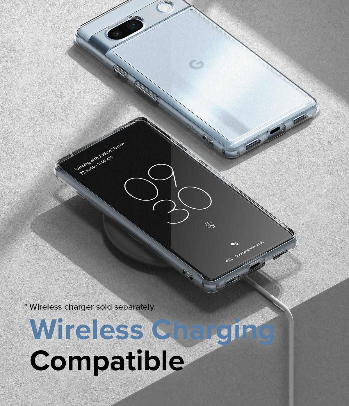 Google Pixel 7a Case | Fusion Matte - Clear phone case on a wireless charging pad showing screen charging status.