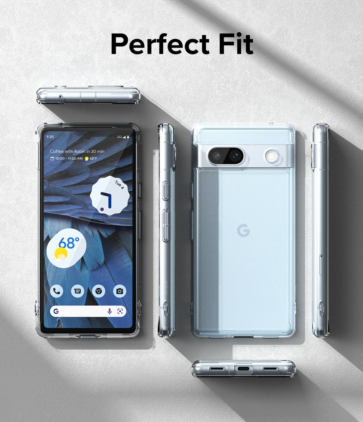 Google Pixel 7a Case | Fusion Matte - Multiple views of a Google Pixel 7a in a clear matte protective case on a gray surface.