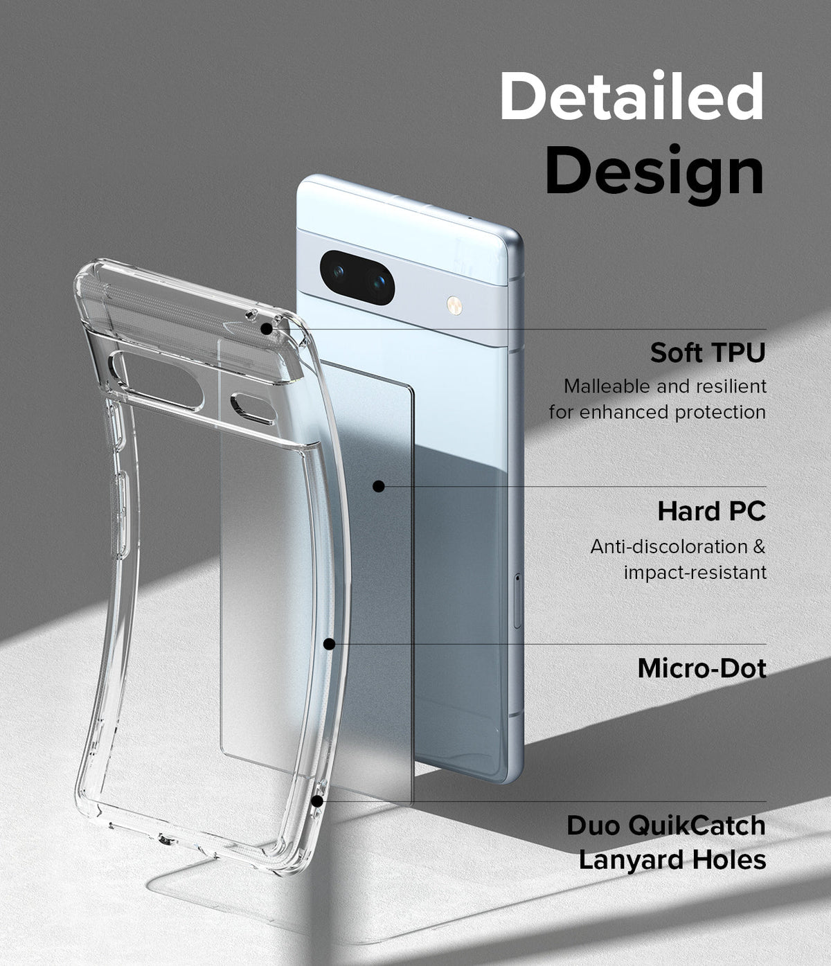 Google Pixel 7a Case | Fusion Matte - Exploded view of a clear phone case highlighting TPU, PC, micro-dot, and lanyard features.
