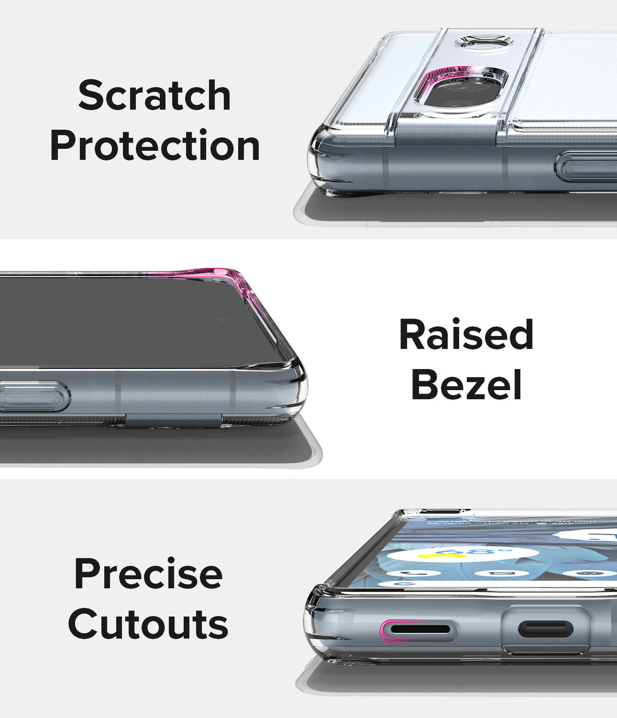 Google Pixel 7a Case | Fusion Matte - Close-ups showing scratch protection, raised bezels, and precise port cutouts.